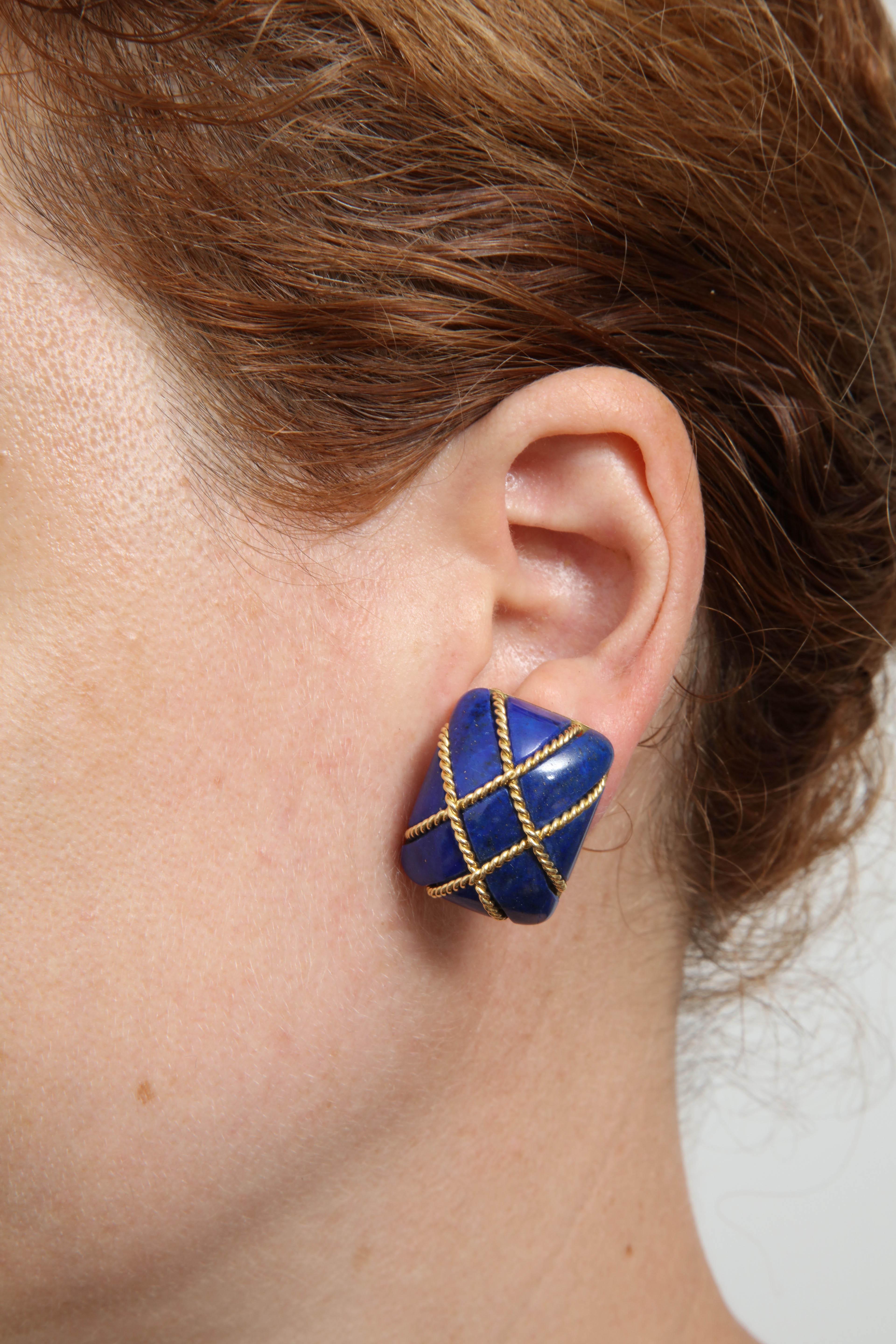 Seaman Schepps 1990s Large Sugar Loaf Cut Lapis Lazuli and Gold Earrings 3