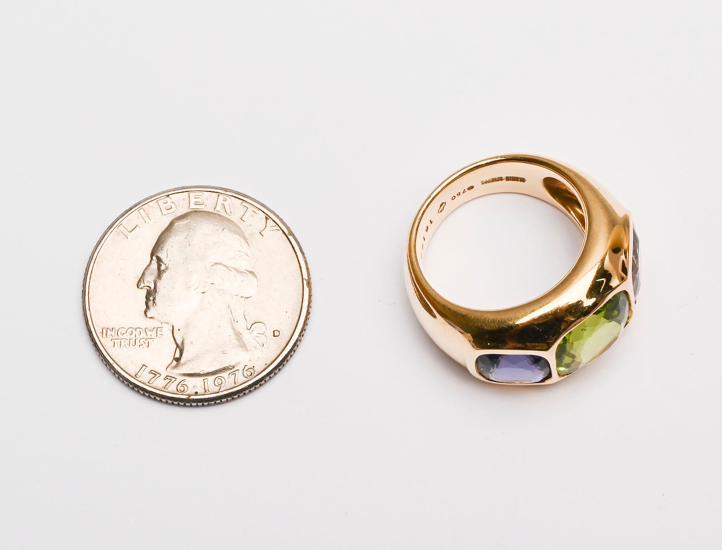 Modern Seaman Schepps  Amethyst and Peridot Ring For Sale