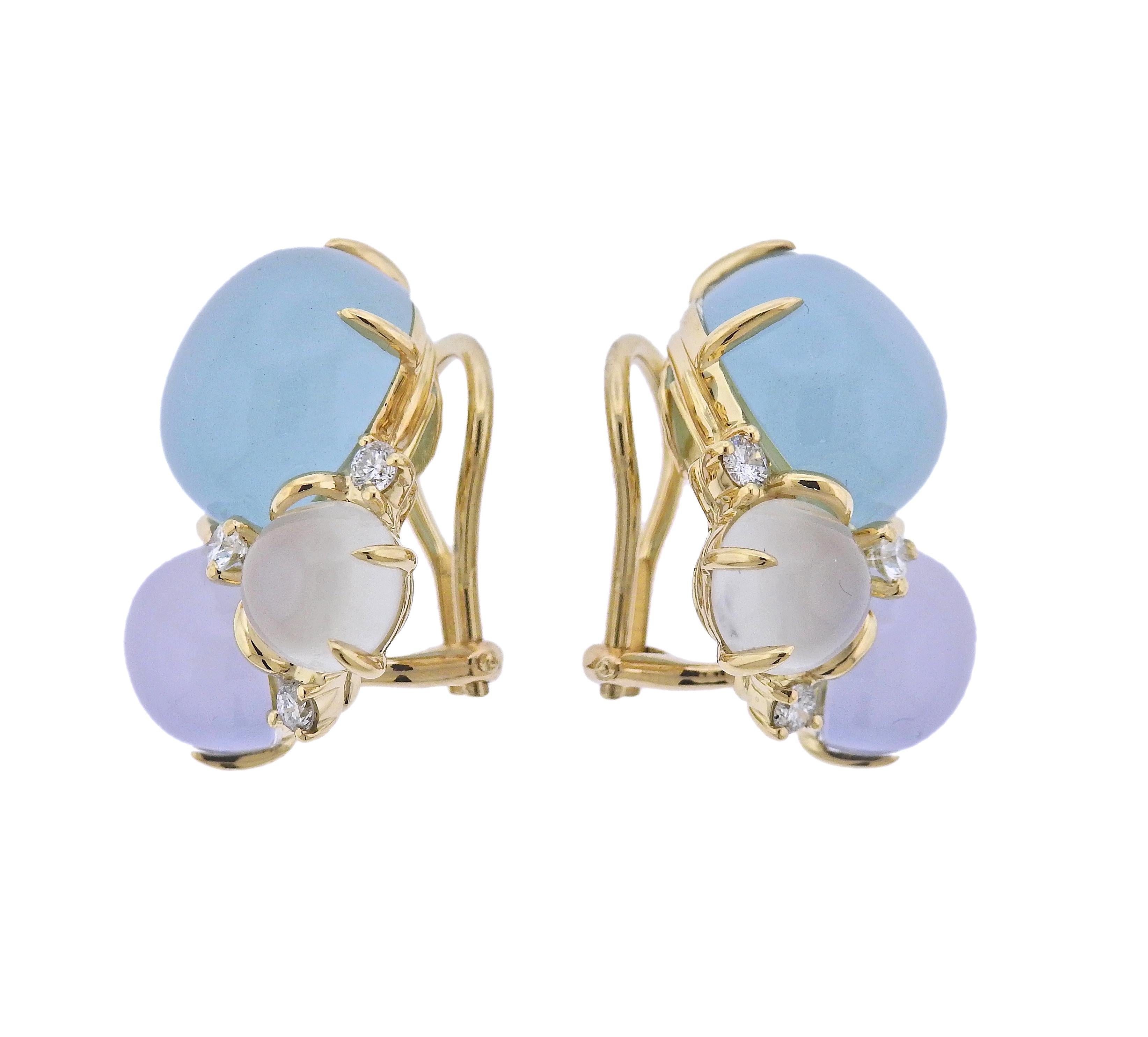 Pair of brand new Seaman Schepps 18k gold earrings, with 20.40ctw aquamarine, 8.98ctw chalcedony, 5.54ctw moonstone and 0.62ctw G/VS diamonds. Come with packaging. Earrings are 24mm x 19mm. Marked: 48447, 750, Shell, Seaman Schepps. Weight - 17.3