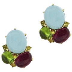 Seaman Schepps Aquamarine, Peridot, and Tourmaline Yellow Gold Earrings