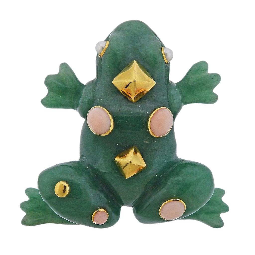 Seaman Schepps Aventurine Coral Pearl Gold Large Frog Brooch For Sale
