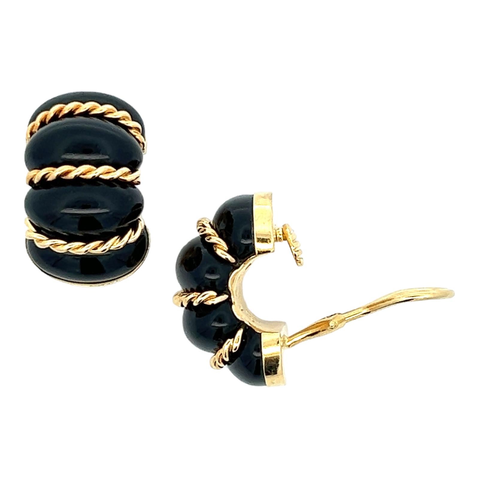 Modern Seaman Schepps Black Onyx 18 Karat Yellow Gold Shrimp Earclip Earrings 