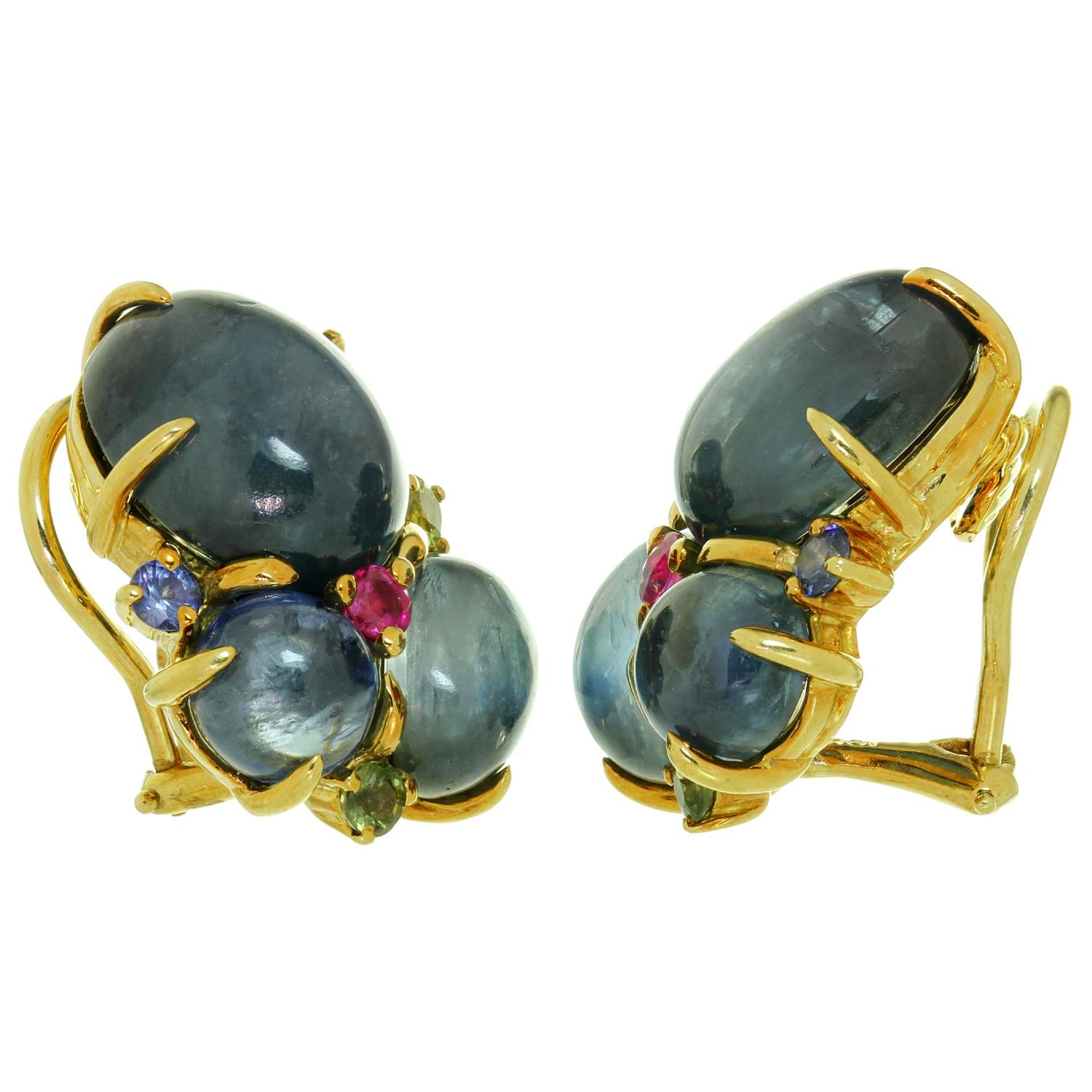 Seemann Schepps Gelbgold-Ohrringe mit blauem, rosa und gelbem Saphir und Peridot Damen