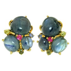 Vintage Seaman Schepps Blue Pink Yellow Sapphire Peridot Yellow Gold Earrings