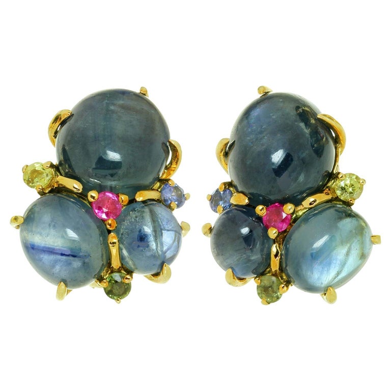 Seaman Schepps Blue Pink Yellow Sapphire Peridot Yellow Gold Earrings For Sale