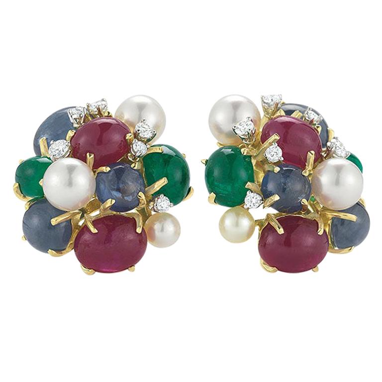 Seaman Schepps Bubble 18 Karat Gold Ruby, Emerald, Sapphire and Pearl Earrings