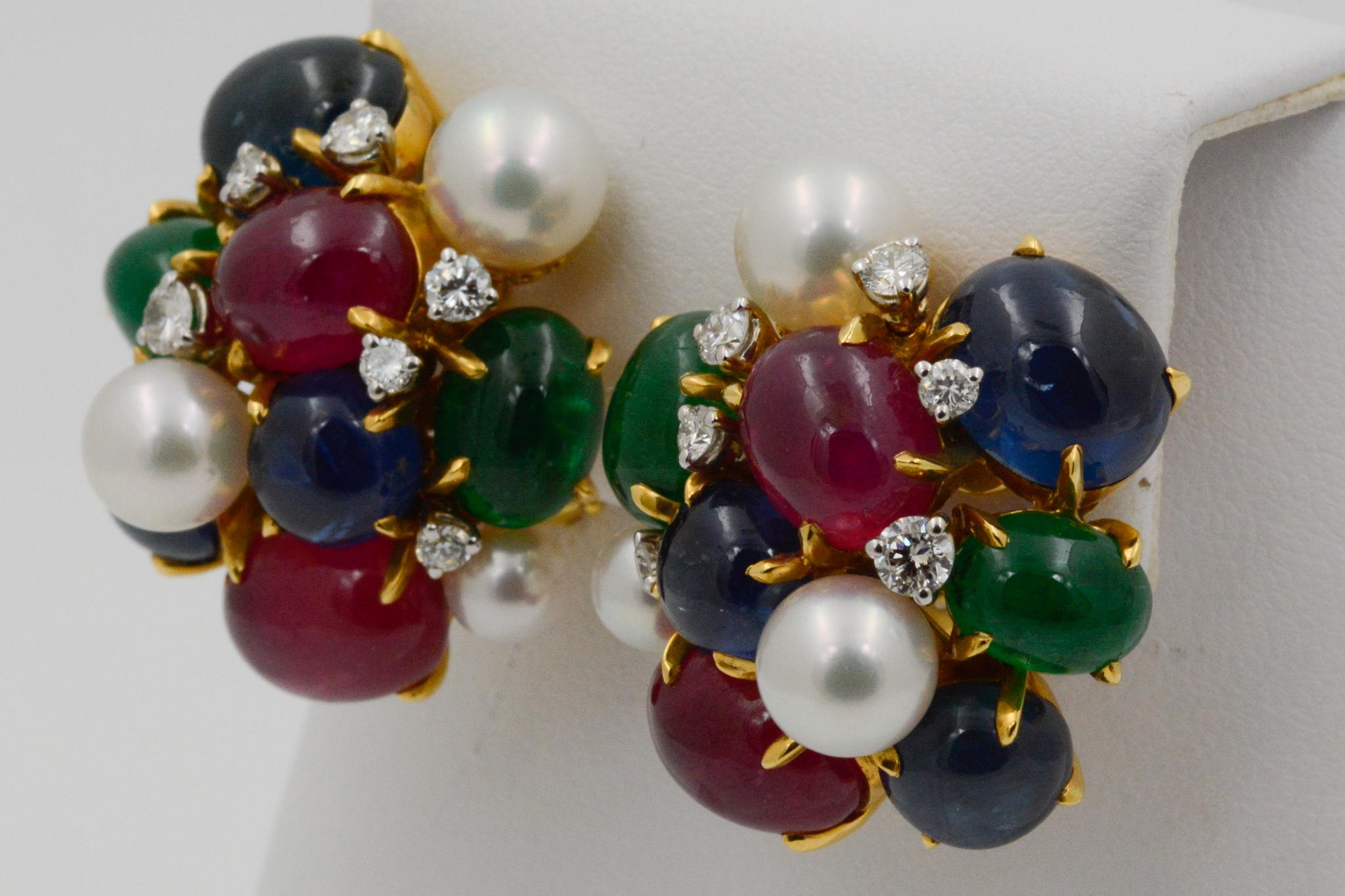 Modern Seaman Schepps Bubble 18 Karat Gold Ruby, Emerald, Sapphire and Pearl Earrings
