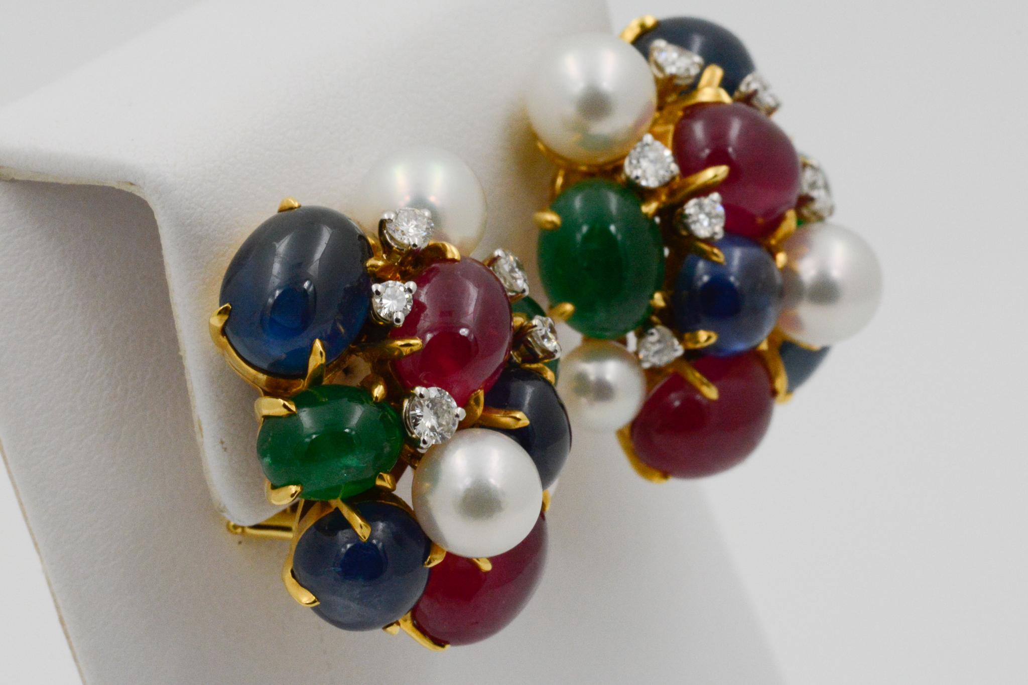 Emerald Cut Seaman Schepps Bubble 18 Karat Gold Ruby, Emerald, Sapphire and Pearl Earrings