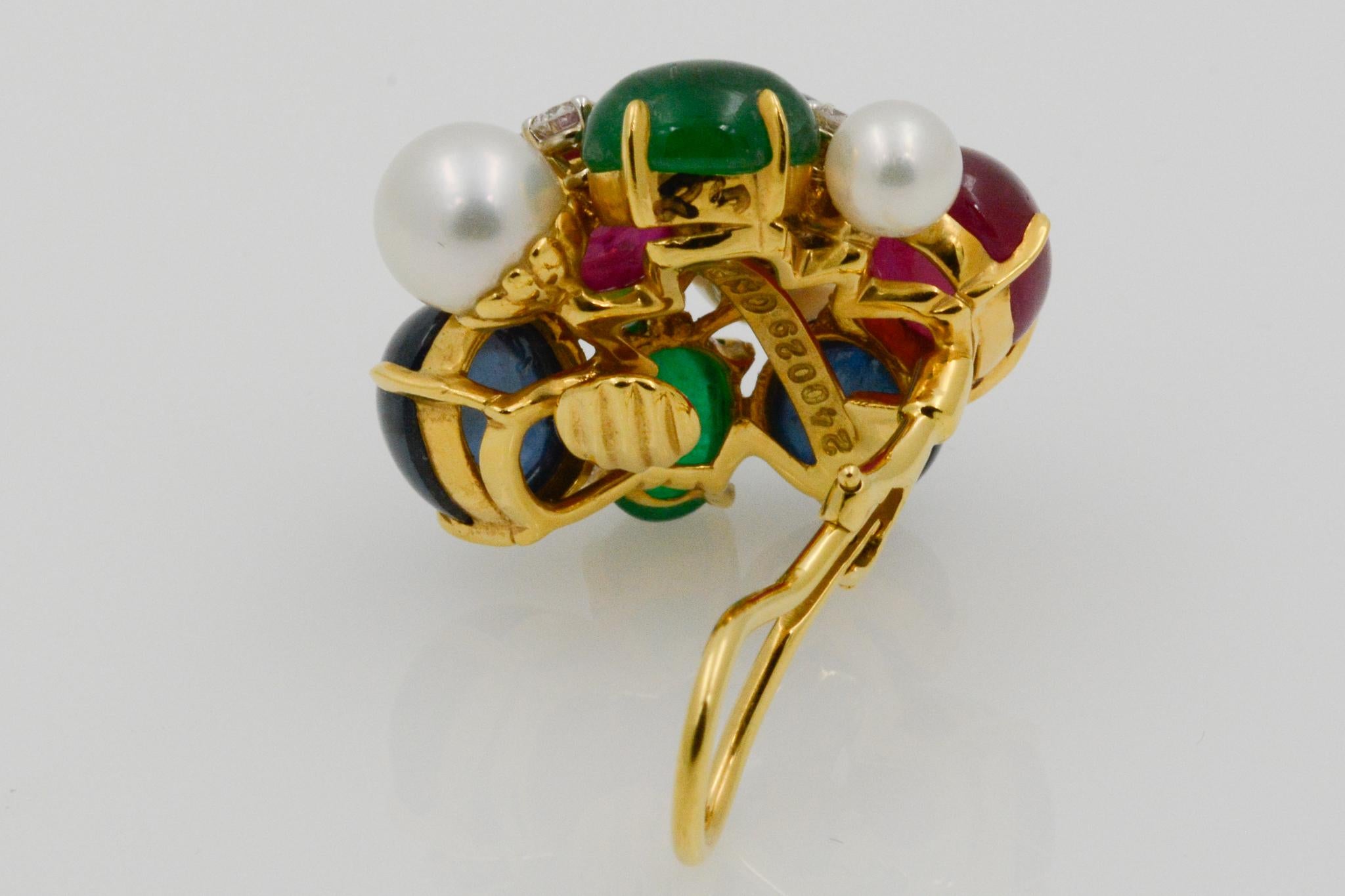 Seaman Schepps Bubble 18 Karat Gold Ruby, Emerald, Sapphire and Pearl Earrings In New Condition In Dallas, TX