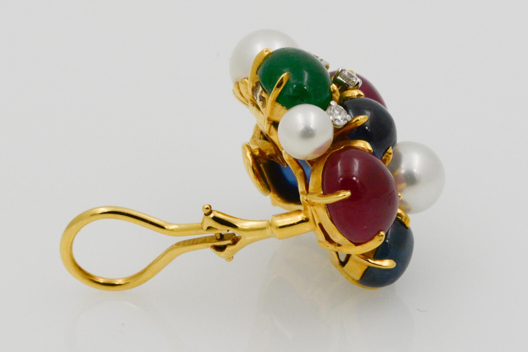 Women's Seaman Schepps Bubble 18 Karat Gold Ruby, Emerald, Sapphire and Pearl Earrings