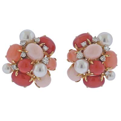 Seaman Schepps Coral Pearl Yellow Gold Ear Clips For Sale at 1stDibs
