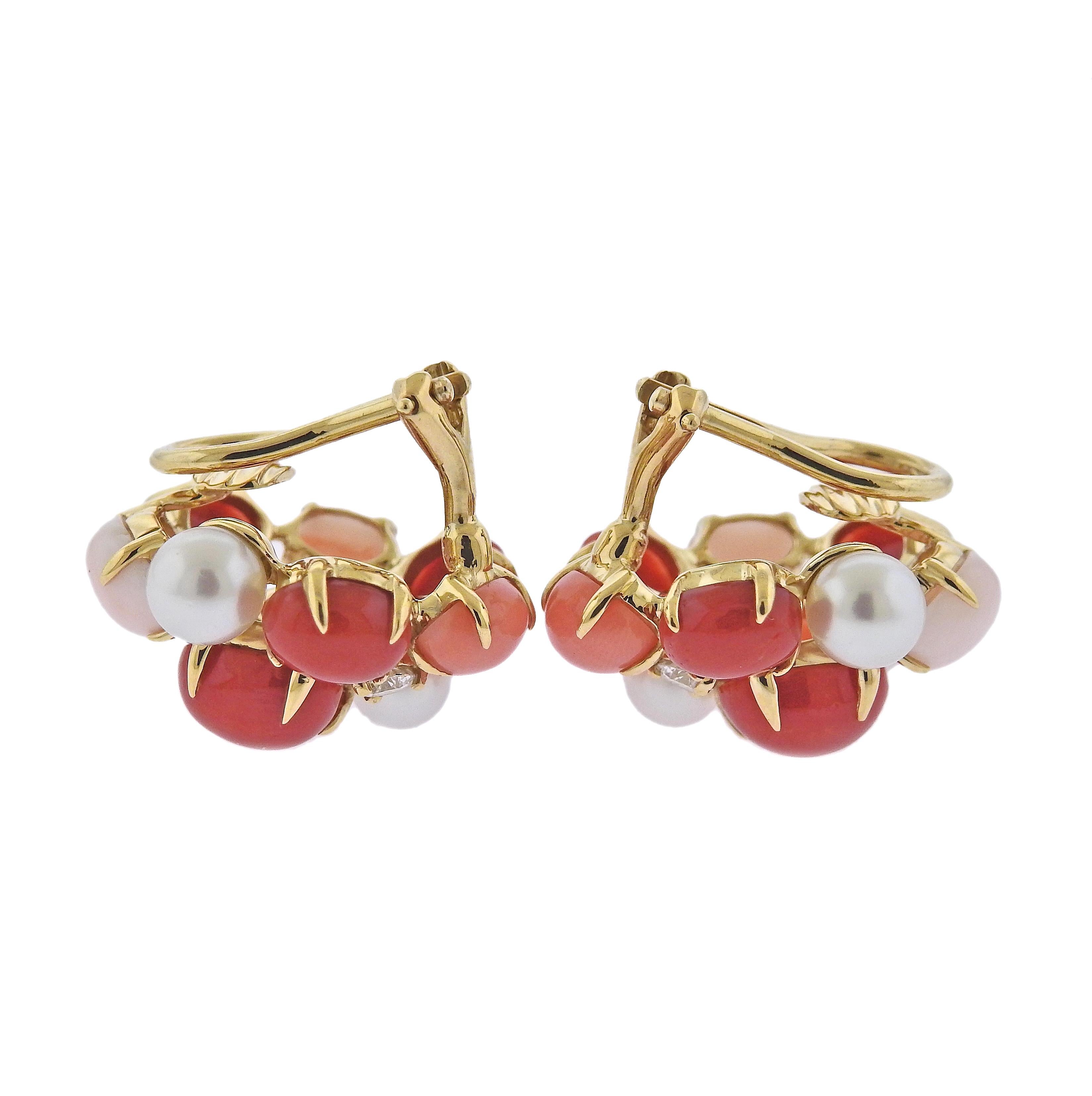 Pair of brand new Seaman Schepps 18k gold Bubble earrings, with 0.28ctw G/VS diamonds, pearls and coral. Come with packaging. Earrings are 21mm x 20mm.Marked: 248444, 750, Shell. Weight - 13 grams.