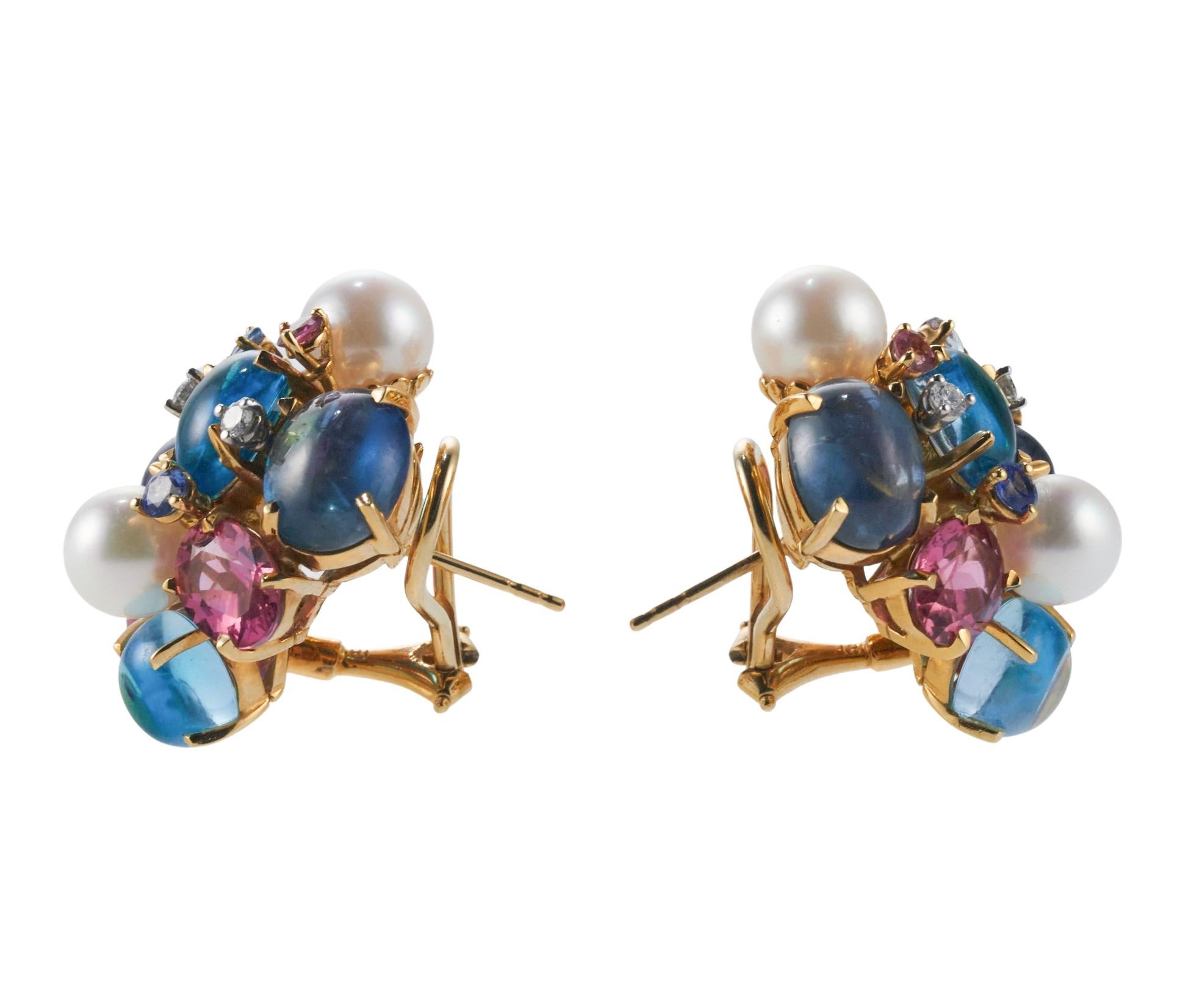 Pair of 18k gold Bubble collection earrings by Seaman Schepps, set with pearls, sapphires, topaz, tourmaline and approx. 0.24ctw in VS/G diamonds. Earrings measure 25mm x 25mm. Marked: Shell hallmark, 20224, 750. weight is 26.1 grams.