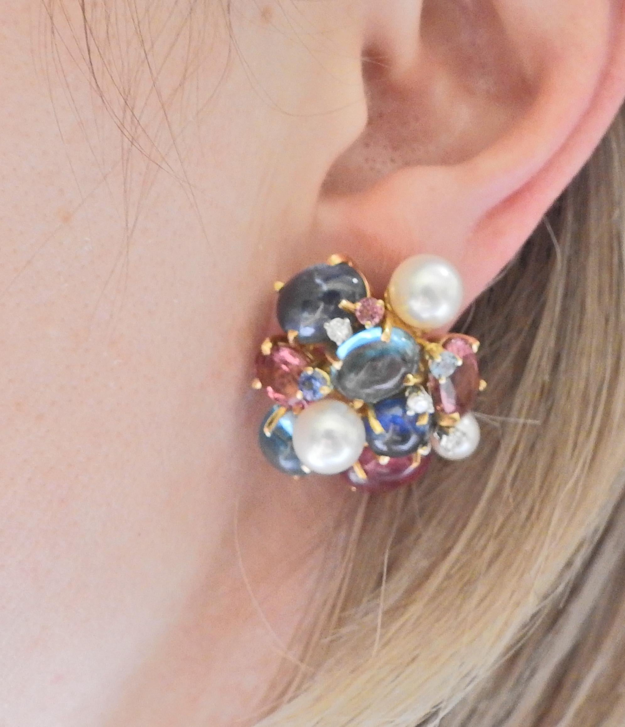 Women's or Men's Seaman Schepps Bubble Diamond Pearl Topaz Gold Earrings For Sale