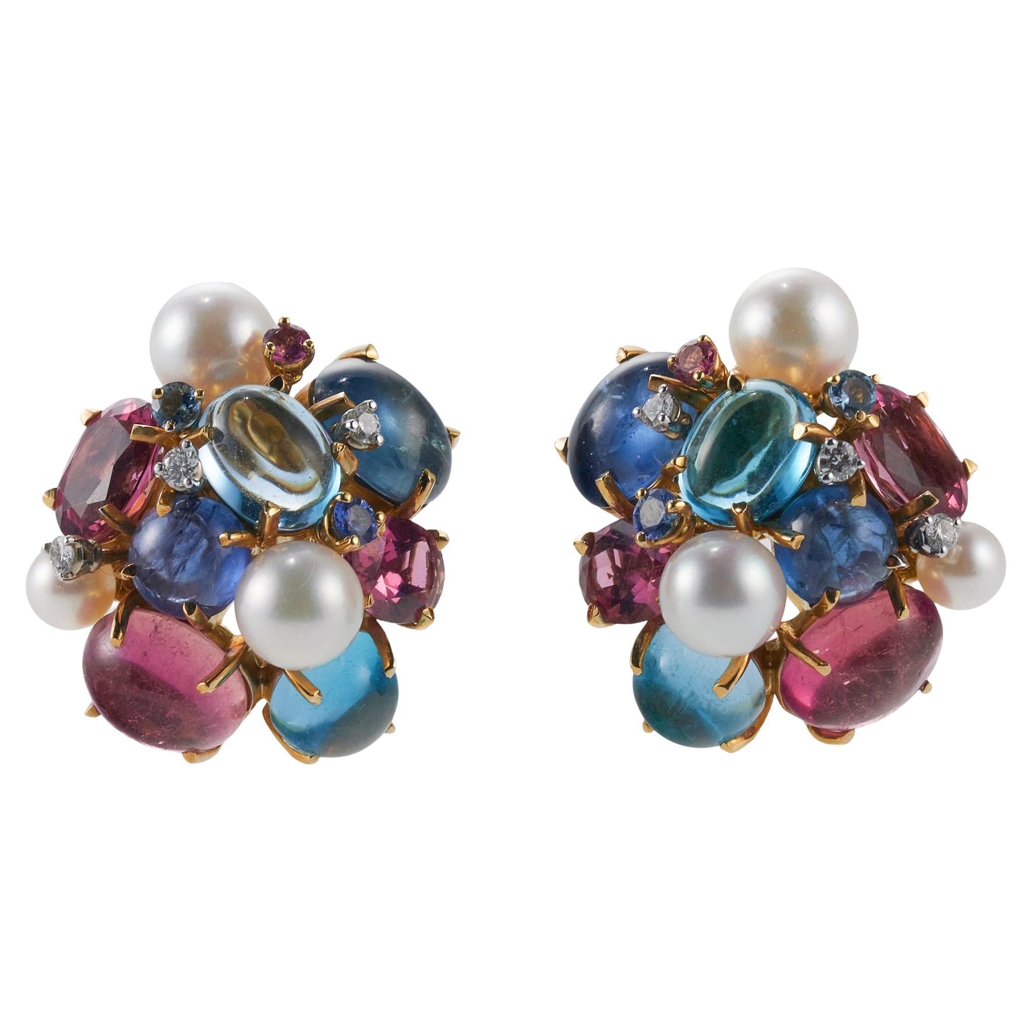 Seaman Schepps Bubble Diamond Pearl Topaz Gold Earrings For Sale