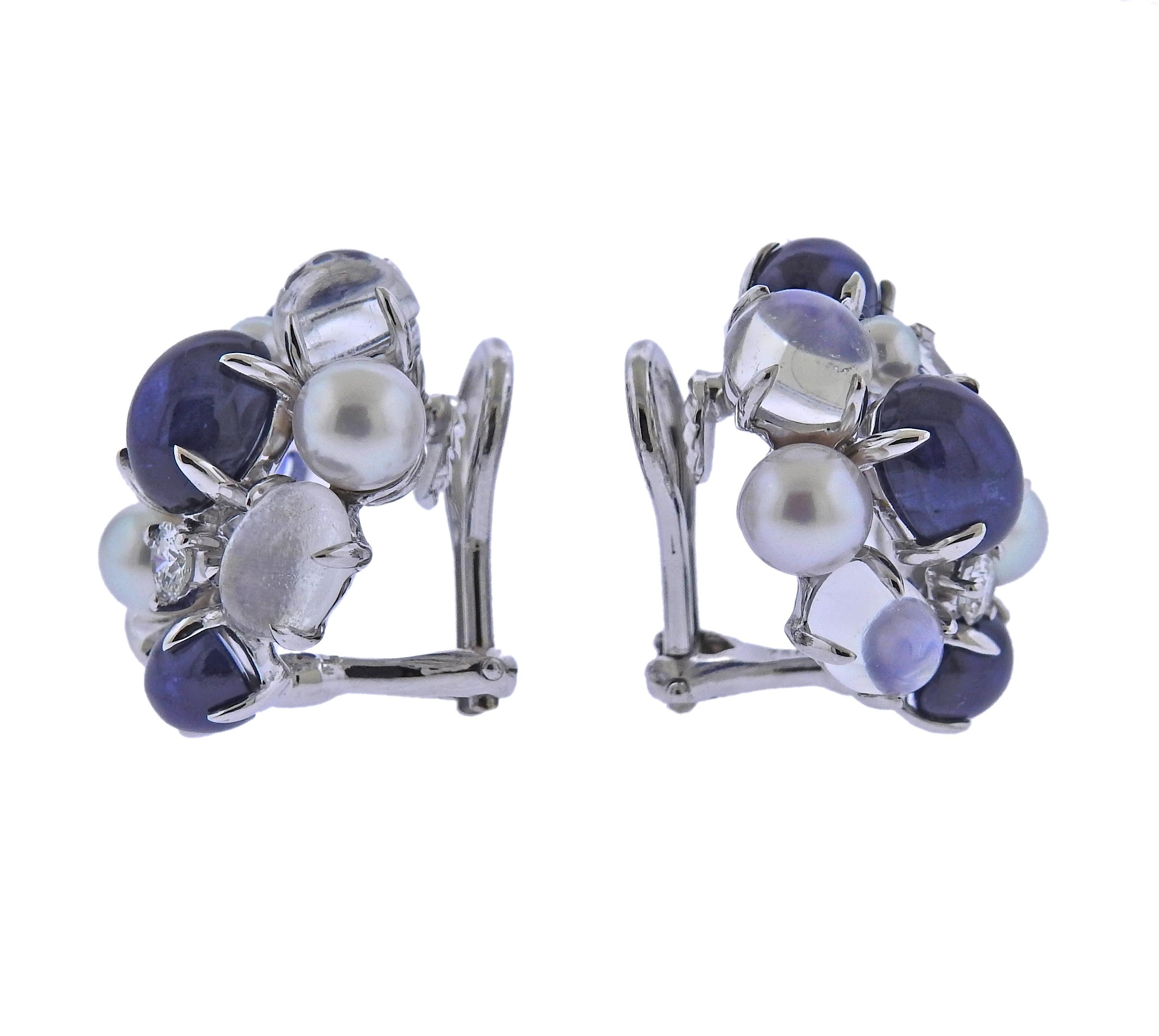 Pair of brand new Seaman Schepps Bubble earrings, in 18k white gold, with 0.32ctw VS/G diamonds, 6.83ctw moonstones, 12.37ctw sapphires and pearls. Earrings measure 22mm x 20mm (small size Bubble). Weight: 13.7 grams. Marked: 750, Signature Shell