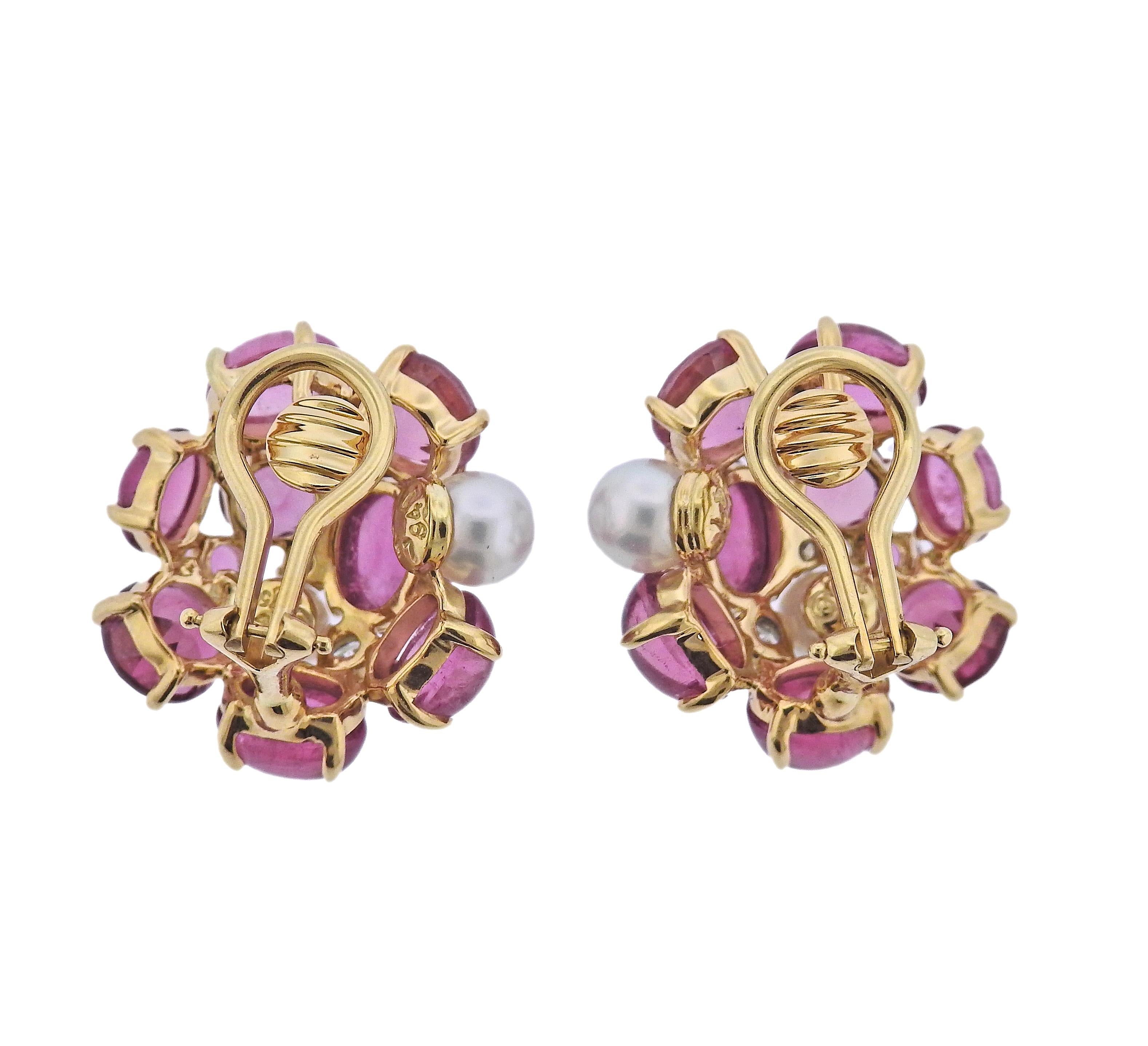 Pair of 18k yellow gold earrings crafted by Seaman Schepps for the Bubble collection, featuring pink tourmaline, diamond and pearl.  Earrings measure approx. 20mm in diameter, weight - 13.3 grams. Marked: 750, 247941, Seaman Schepps, Shell hallmark.