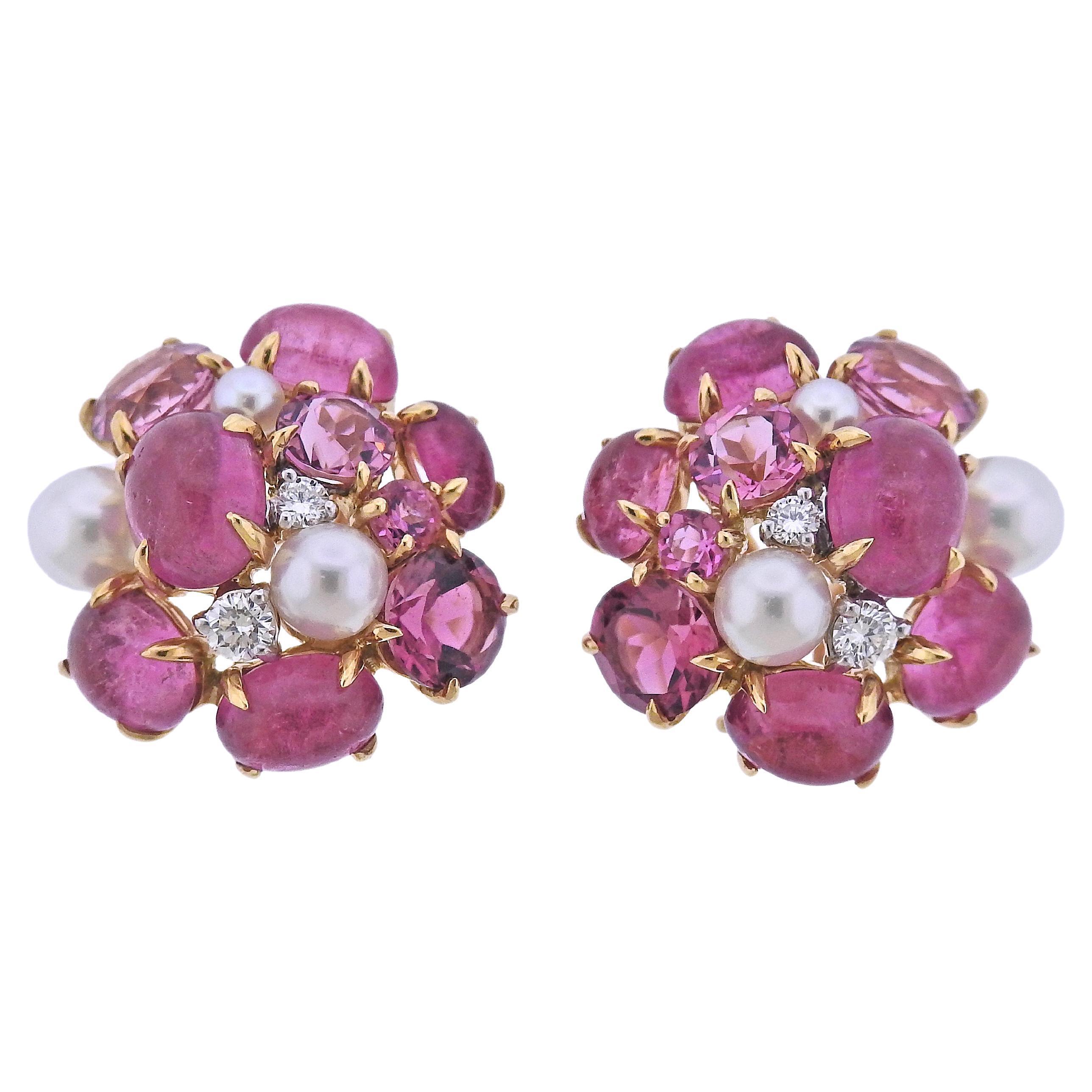 Seaman Schepps Bubble Pink Tourmaline Pearl Diamond Gold Earrings For Sale