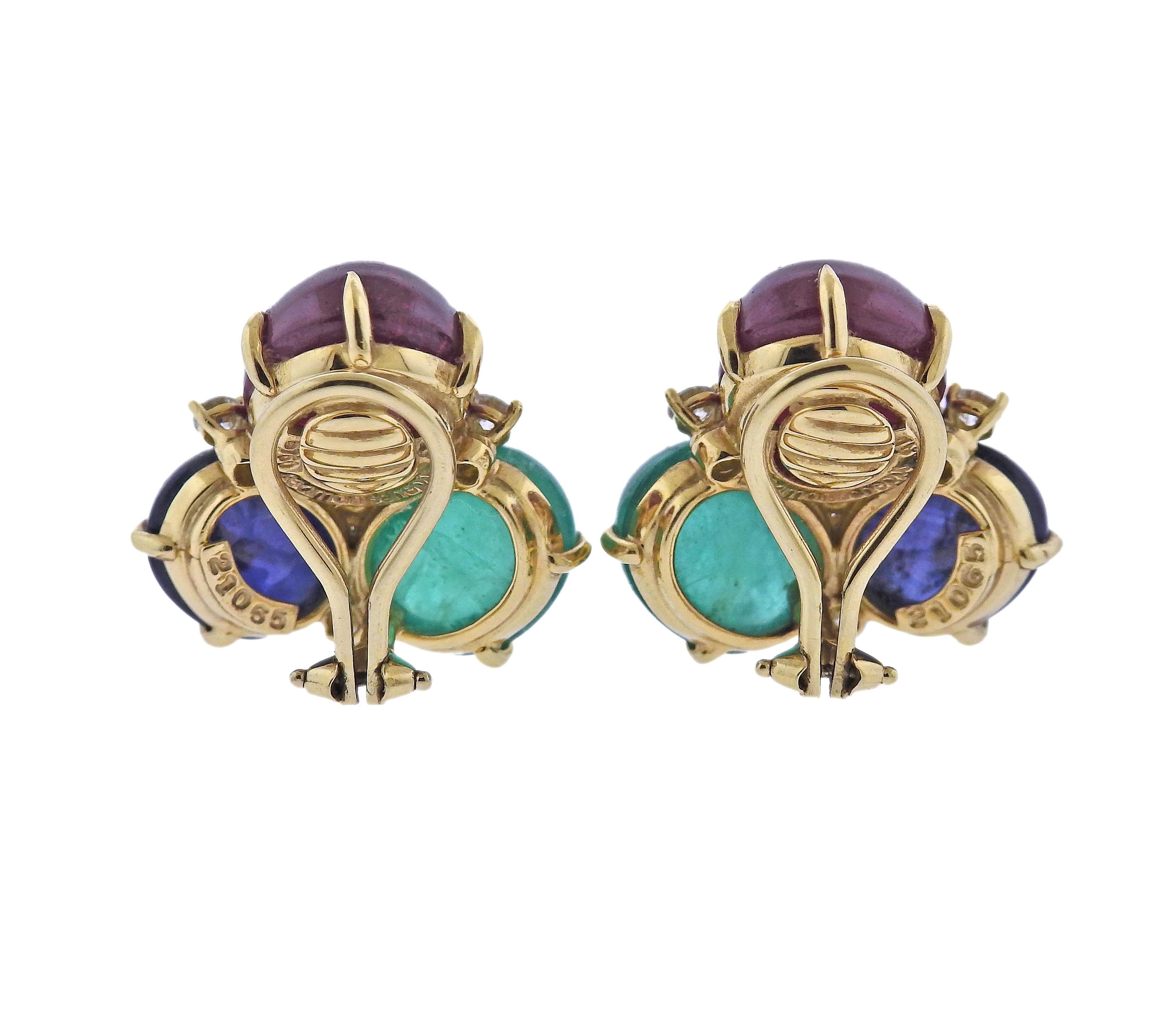 Pair of 18k gold bubble earrings by Seaman Schepps, with ruby, sapphire, emerald cabochons and approx. 0.58ctw VS/G diamonds. Earrings are 23mm x 23mm. Weight - 21 grams. Marked: Seaman Schepps, 750, Shell mark, 21055.