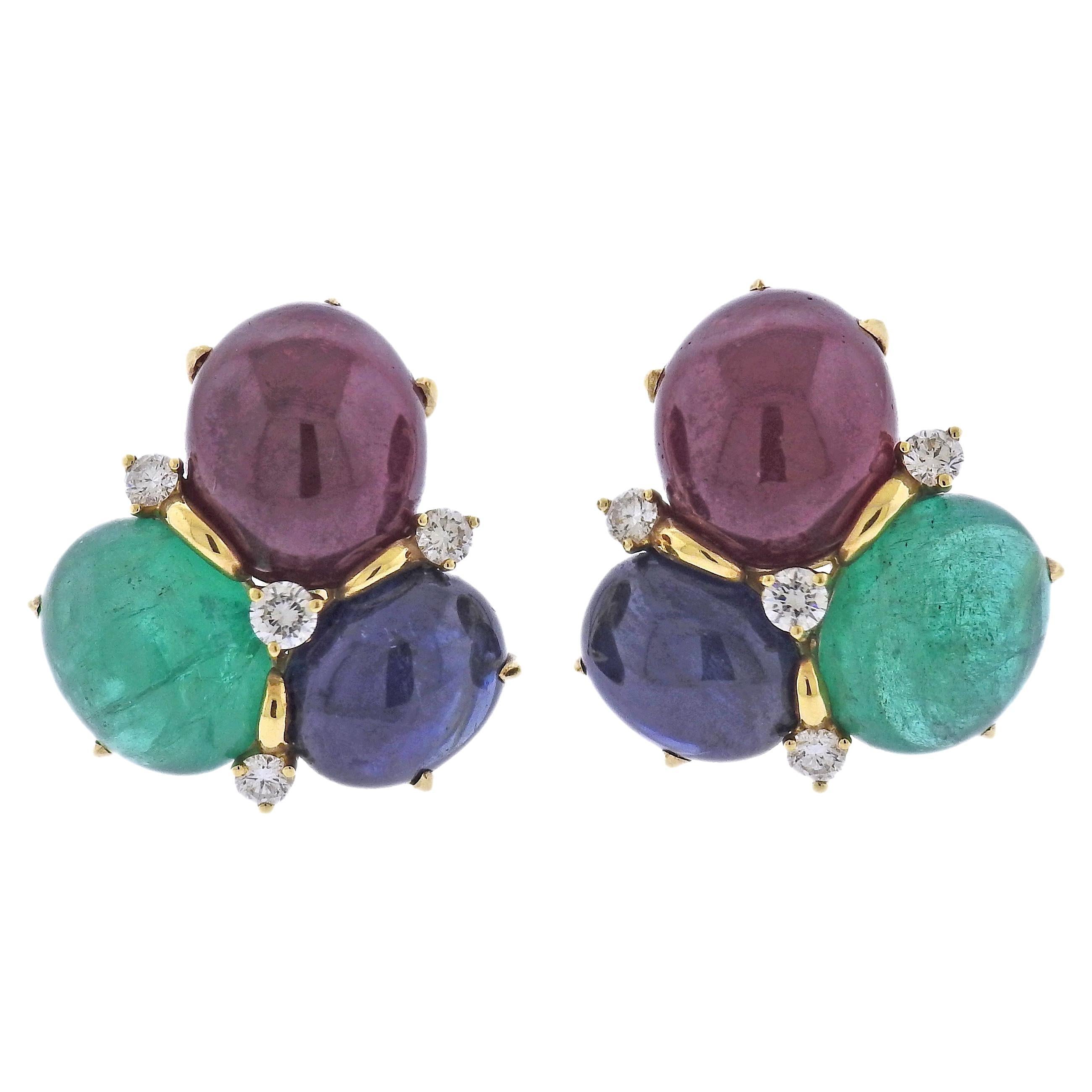 Seaman Schepps Bubble Ruby Sapphire Emerald Diamond Gold Earrings For Sale
