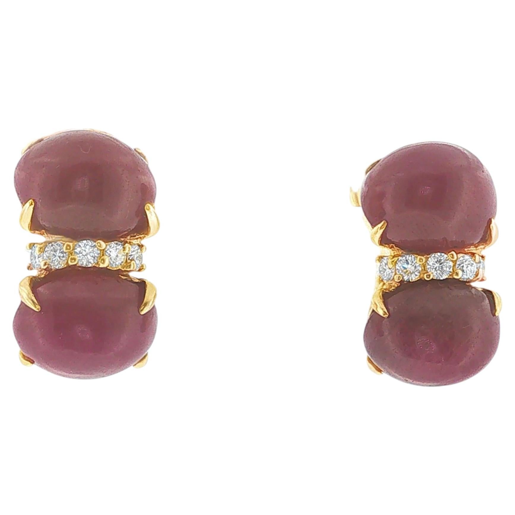 Pendientes de oro de 18 quilates con cabujón de rubí y diamantes Seaman Schepps