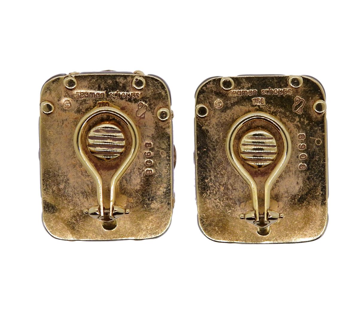 Pair of 18k gold earrings, crafted by Seaman Schepps for Cage collection, set with crystal and citrines. Come with box.  Earrings are 25mm x 20mm and weigh 33.6 grams. Marked 750, 8908, Seaman Schepps, Shell hallmark.