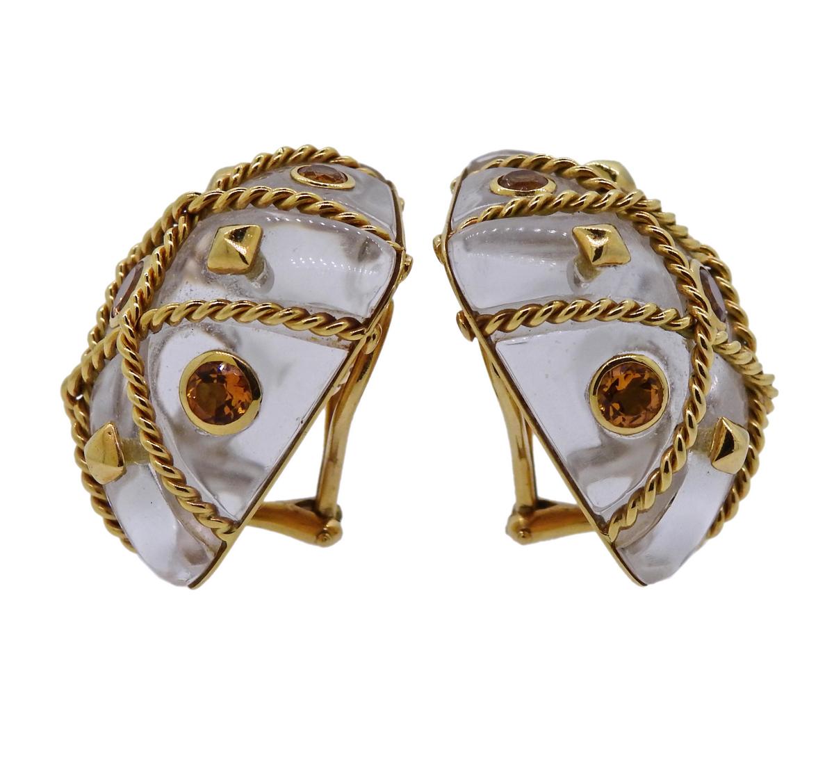 Round Cut Seaman Schepps Cage Crystal Citrine Gold Earrings