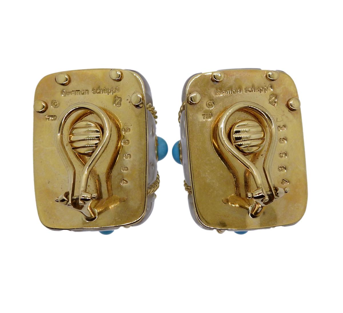 Pair of 18k gold Cage earrings, designed by Seaman Schepps, set with crystal and turquoise. Come with box. Earrings are 25mm x 20mm and weigh 31 grams. Marked 750, 19584, Seaman Schepps, Shell hallmark.