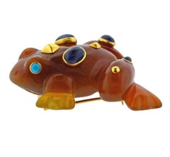 Seaman Schepps Carnelian Sapphire Turquoise Gold Frog Brooch