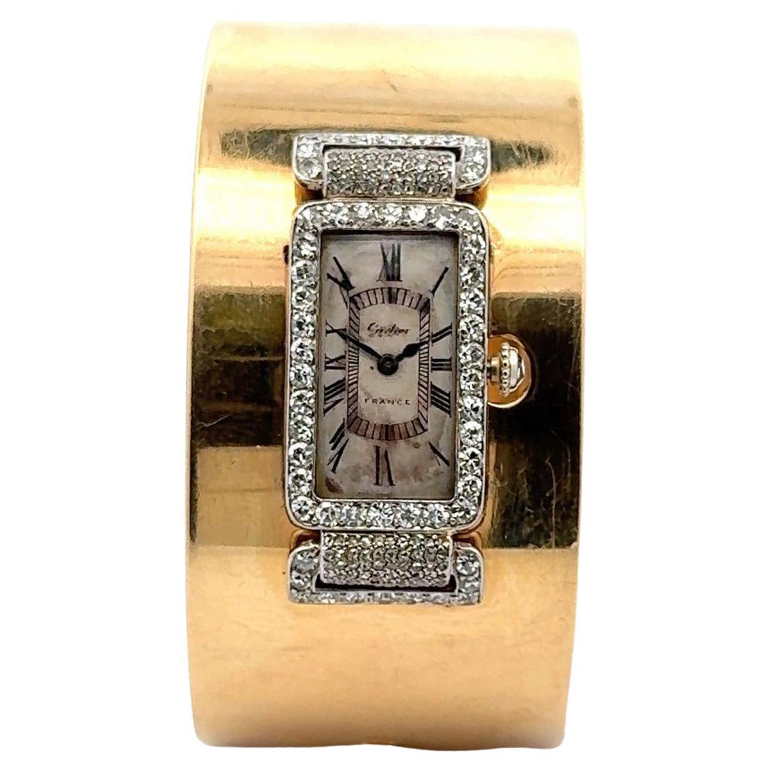 Seaman Schepps & Cartier Diamond Platinum Watch Yellow Gold Bangle Bracelet For Sale