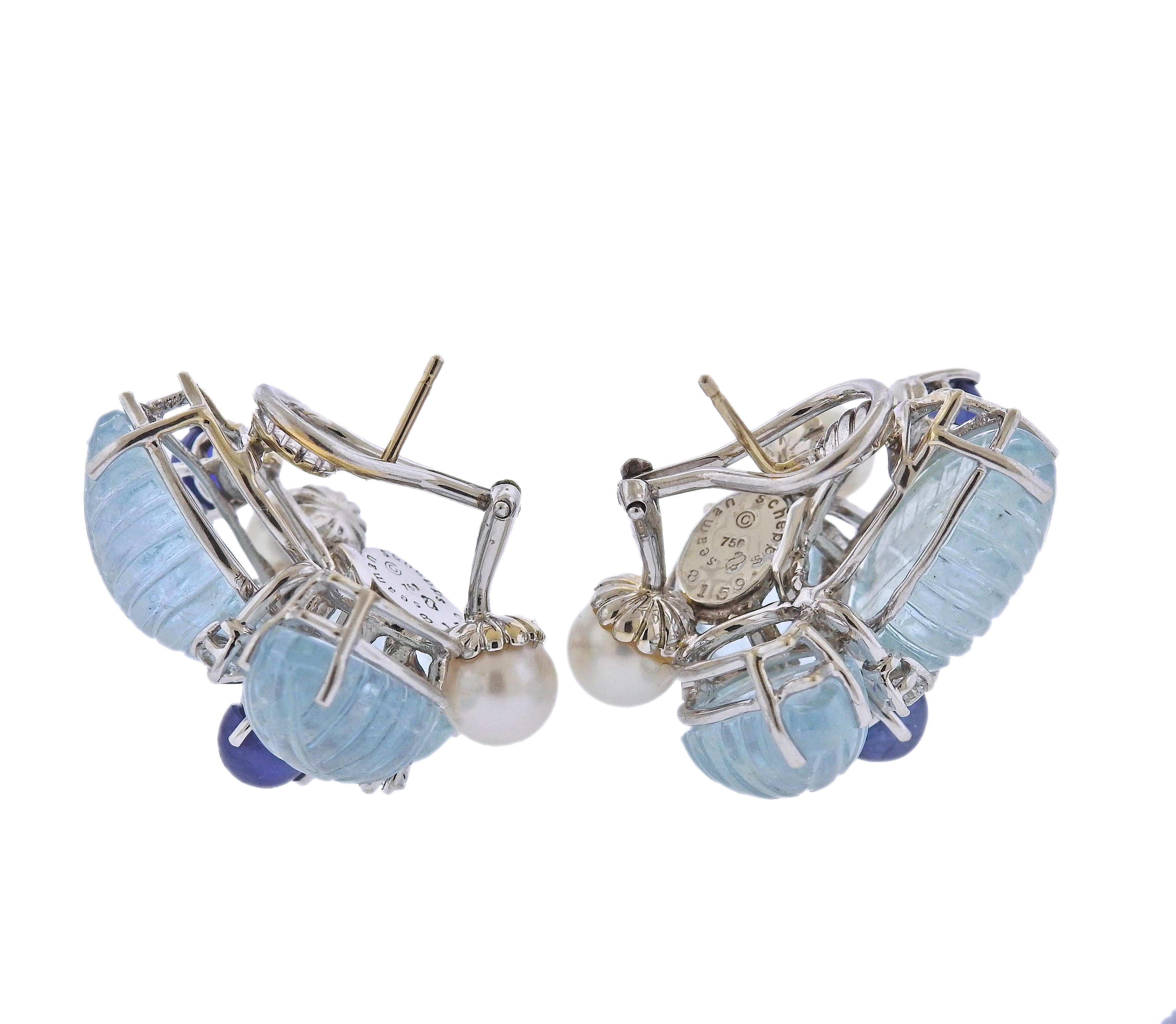 Pair of 18k gold earrings by Seaman Schepps, with carved aquamarines, sapphires, pearls and approx. 0.38ctw in G/VS diamonds.  Come with Seaman Schepps box.  Earrings are 31mm x 29mm. Weight - 29.4 grams. Marked:  750, Shell hallmark, Seaman