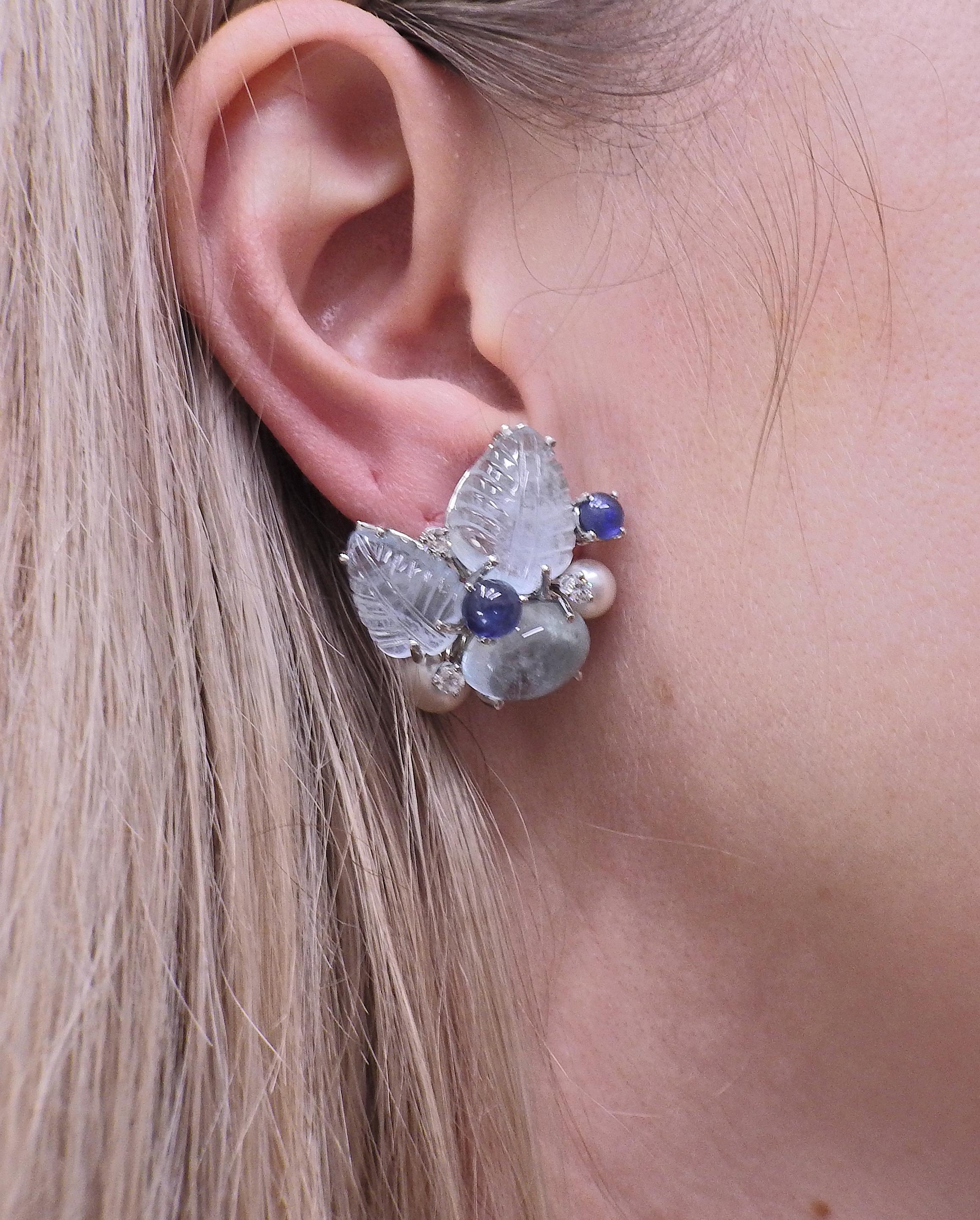 Round Cut Eden Seaman Schepps Carved Aquamarine Diamond Pearl Sapphire Gold Earrings