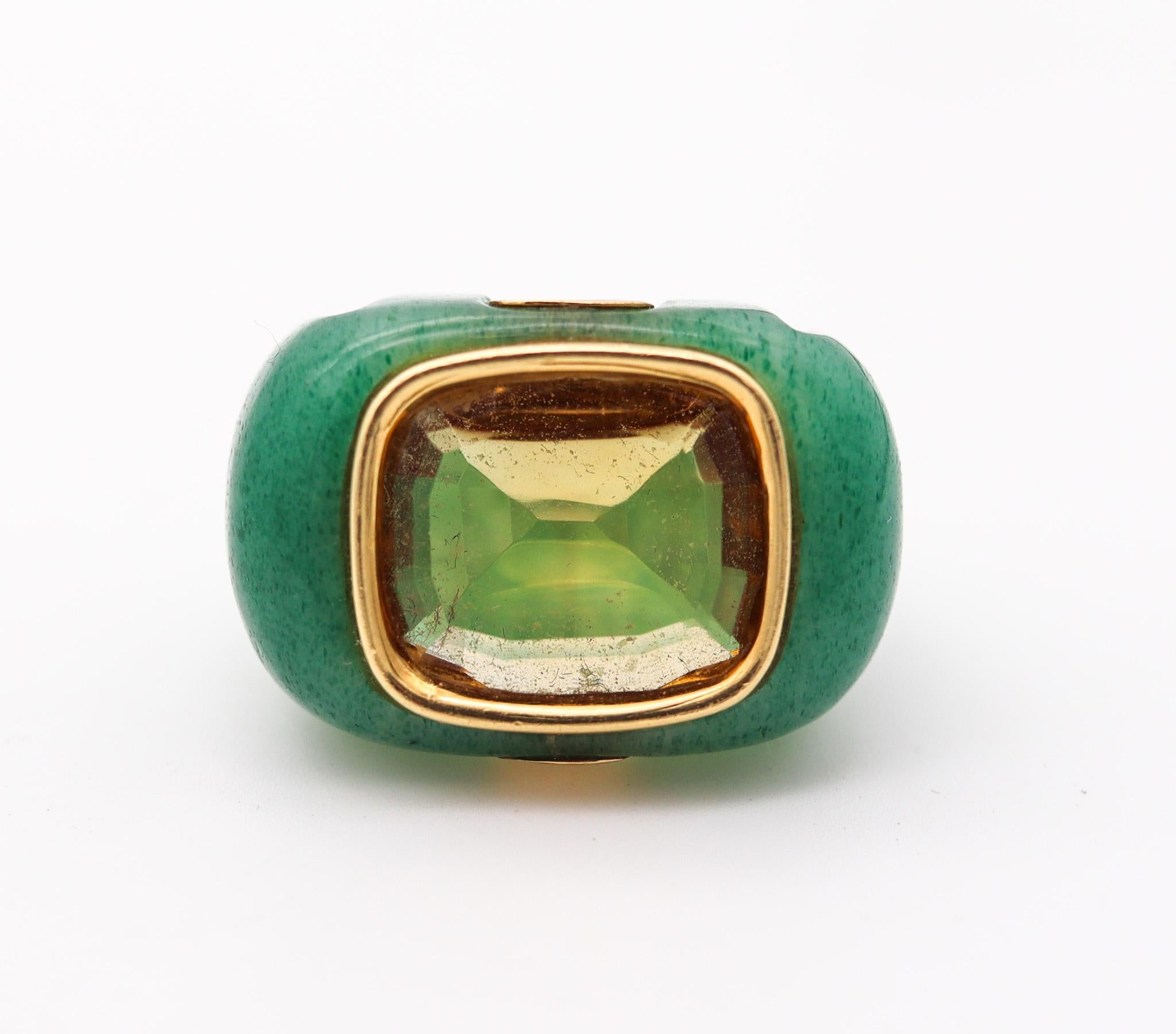 Cocktail ring designed by Seaman Schepps.

Beautiful colorful ring, created by the the jewelry house of Seaman Schepps in carved green aventurine. This rare cocktail ring is decorated with elements crafted in solid yellow of 18 karats with high