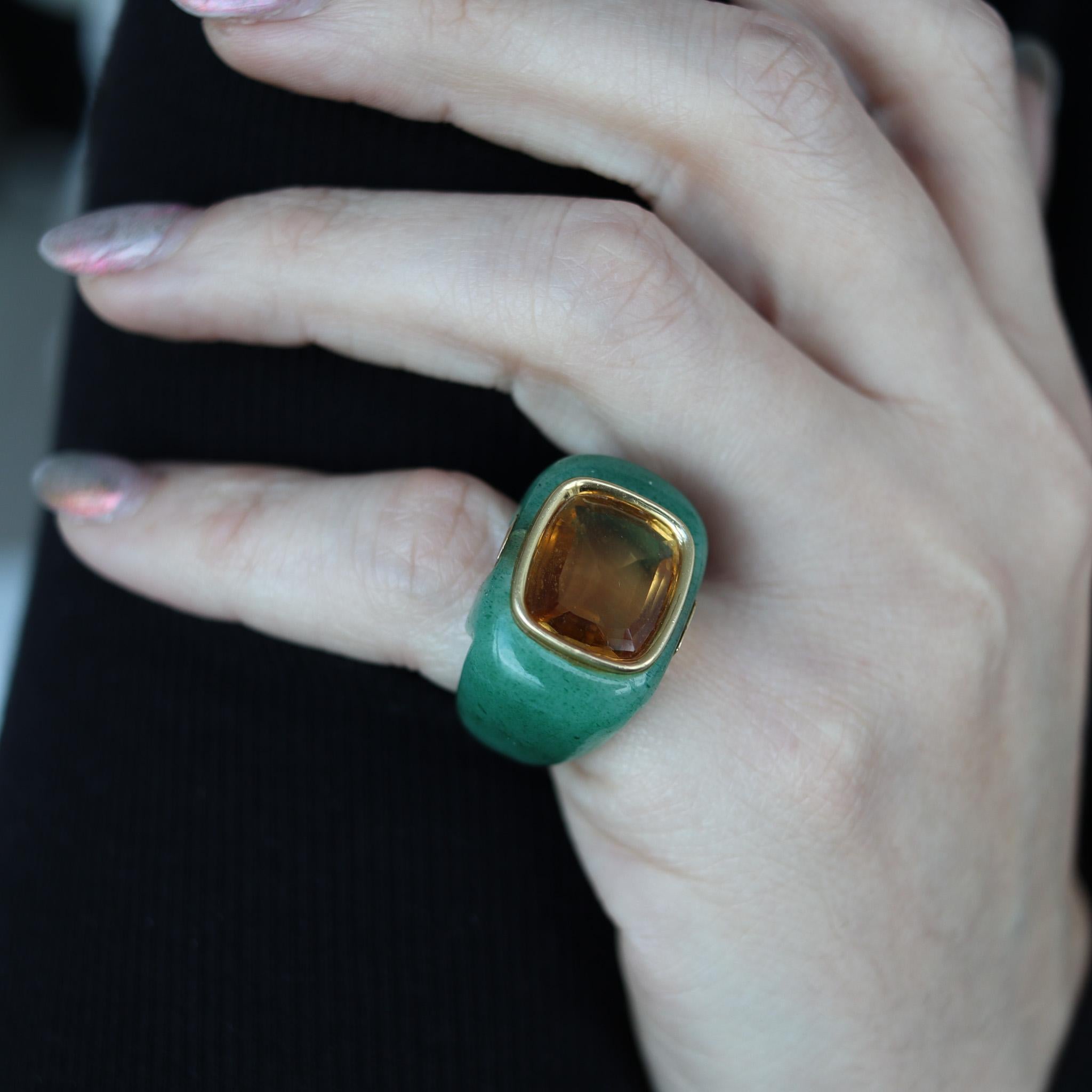 Women's Seaman Schepps Carved Aventurine Cocktail Ring In 18Kt Yellow Gold With Citrine For Sale
