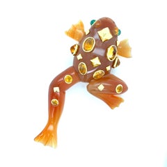 Broche rana Seaman Schepps tallado en cornalina, citrino y crisoprasa