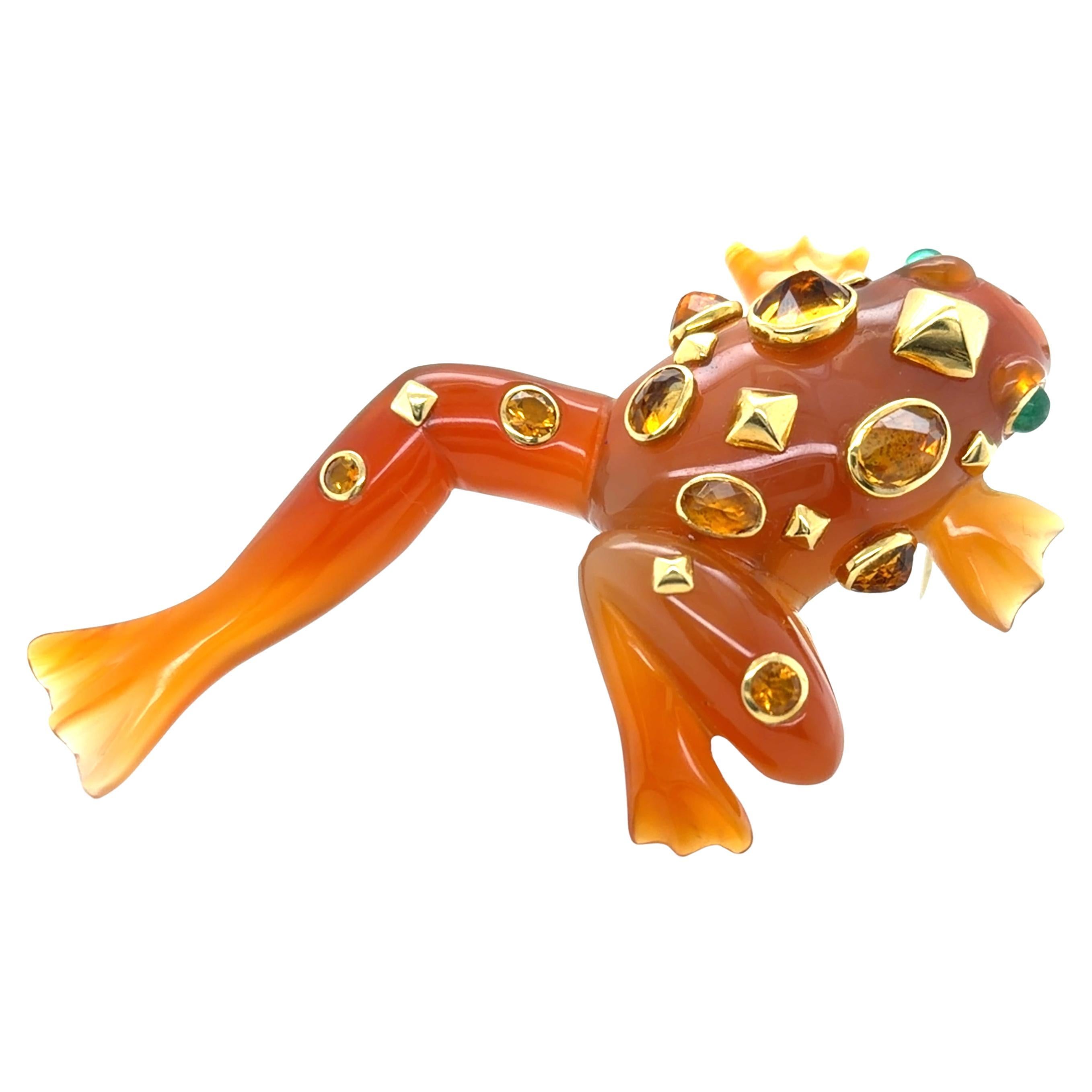 Seaman Schepps Carved Carnelian, Citrine and Chrysoprase Frog Brooch en vente