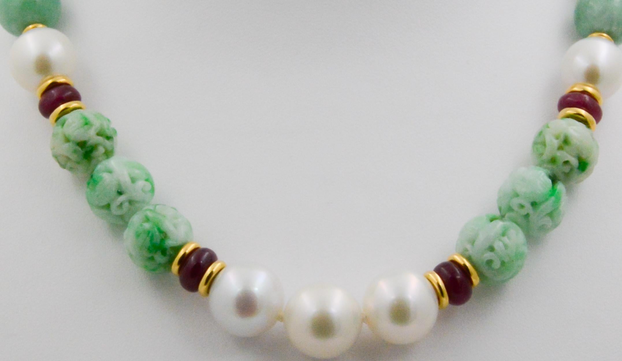 Modern Seaman Schepps Carved Jade and Pearl Necklaces