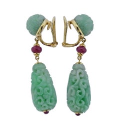 Seaman Schepps Carved Jade Ruby Gold Canton Earrings