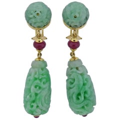 Seaman Schepps Carved Jade Ruby Gold Canton Earrings