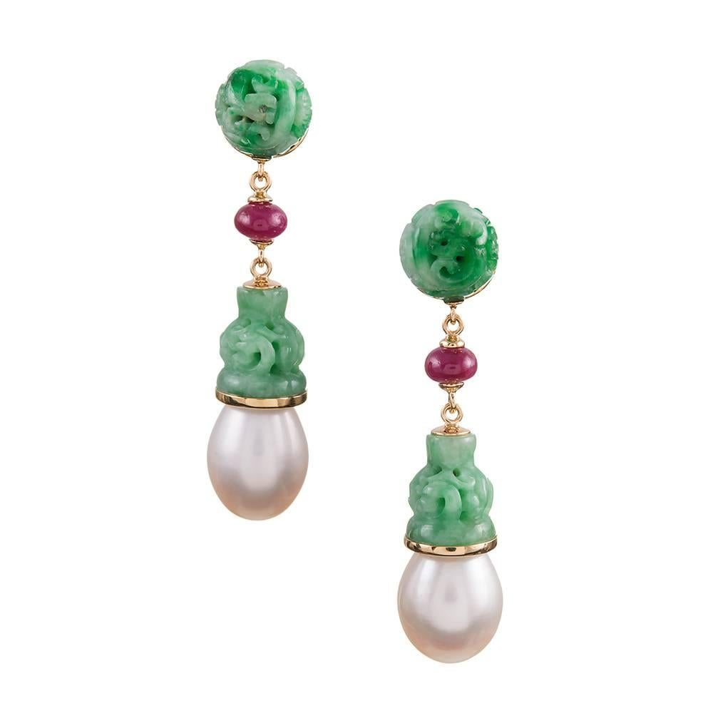 Seaman Schepps Carved Jadeite, Ruby and Freshwater Pearl Earrings