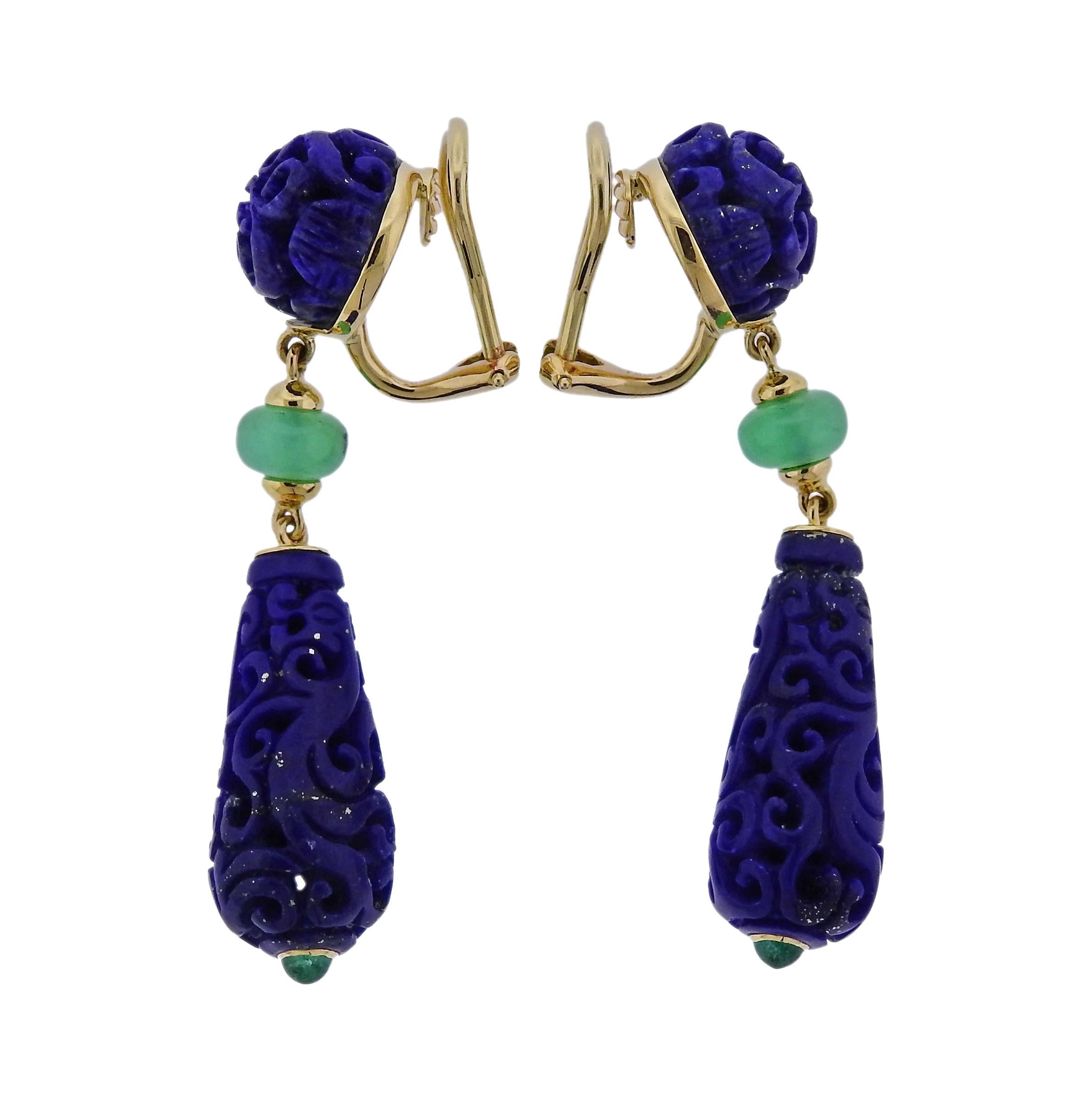 Pair of brand new 18k gold drop earrings by Seaman Schepps, created for Canton collection, set with carved lapis and chrysoprase.  Earrings are 49mm x 11mm, weigh 13 grams. Marked: 243788, 750, Shell hallmark. 