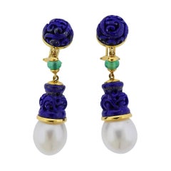 Seaman Schepps Carved Lapis Pearl Chrysoprase Gold Earrings