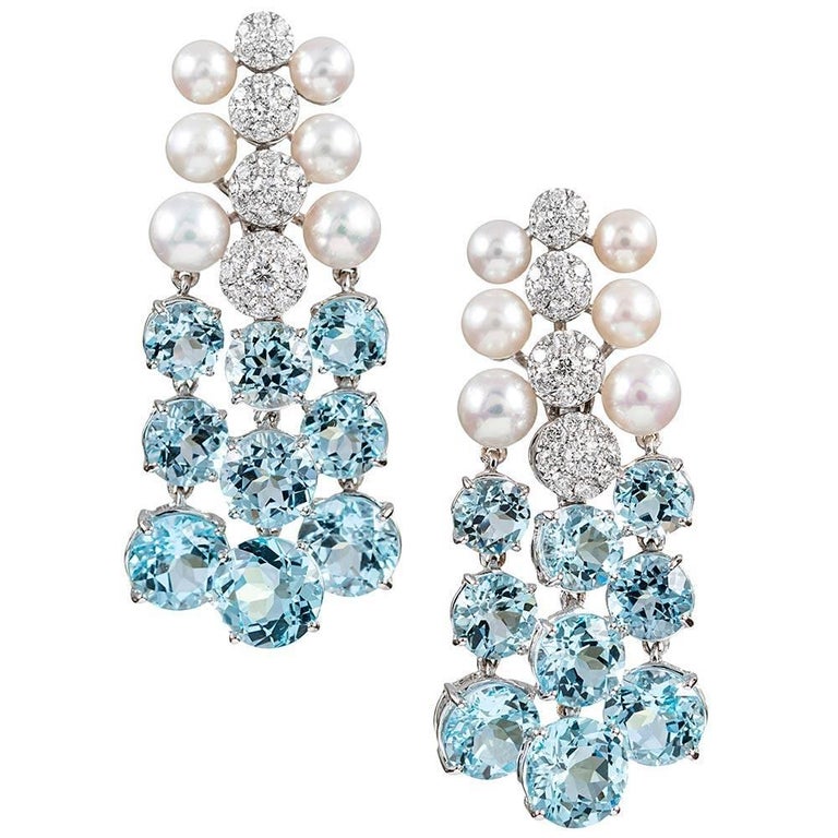 Seaman Schepps “Cascade” Earrings with Blue Topaz, Diamonds and Pearls ...