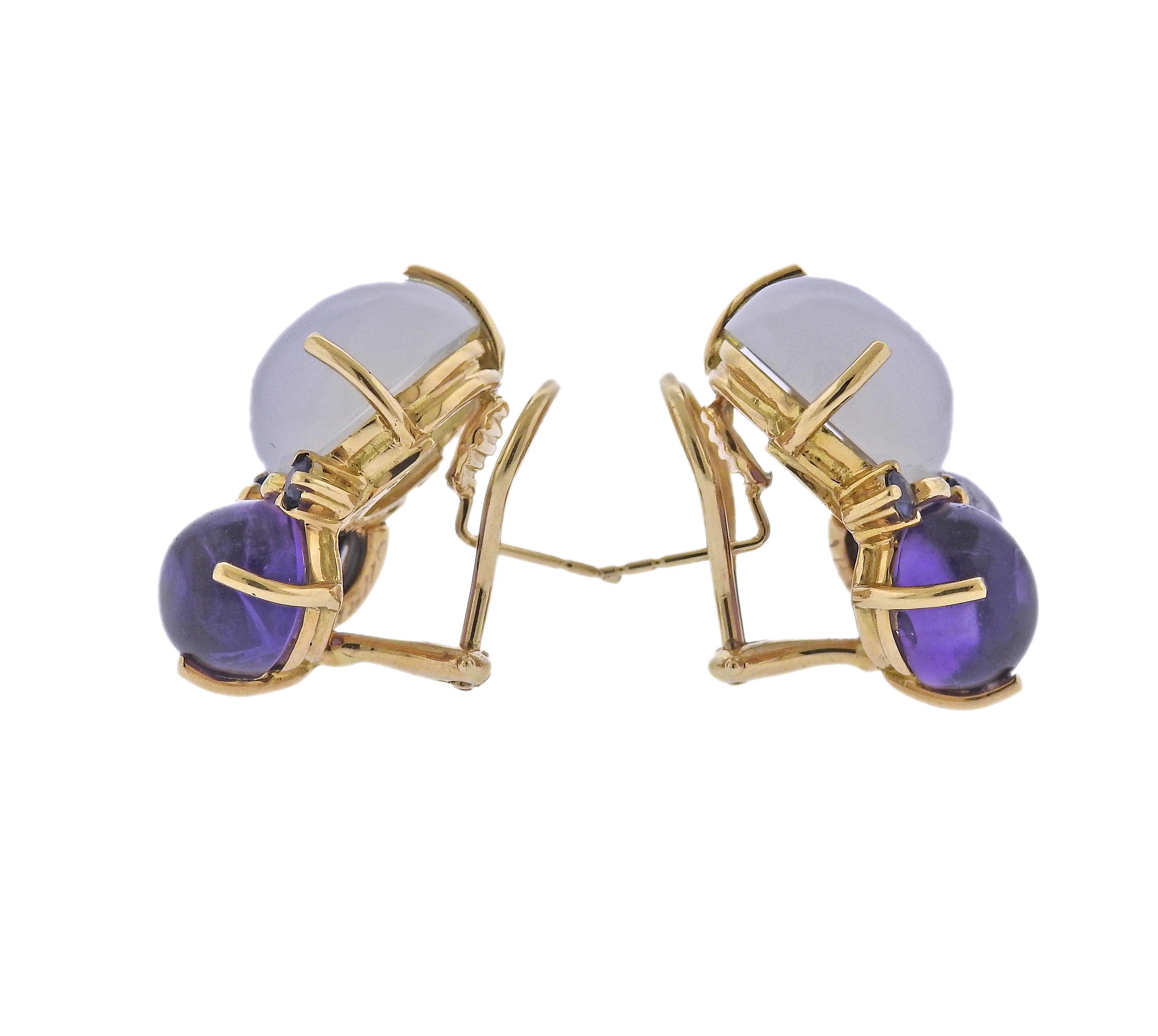 Pair of 18k gold earrings by Seaman Schepps, with chalcedony, amethyst, iolite and sapphires. Come with Seaman Schepps box. Earrings are 25mm x 18mm. Marked: 750, Shell hallmark, Seaman Schepps, Serial number. Weight - 19.3 grams.