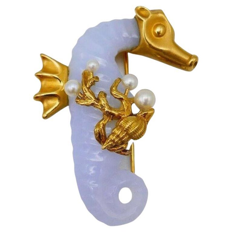 Seaman Schepps Chalcedony Pearl Yellow Gold Seahorse Brooch Pin For