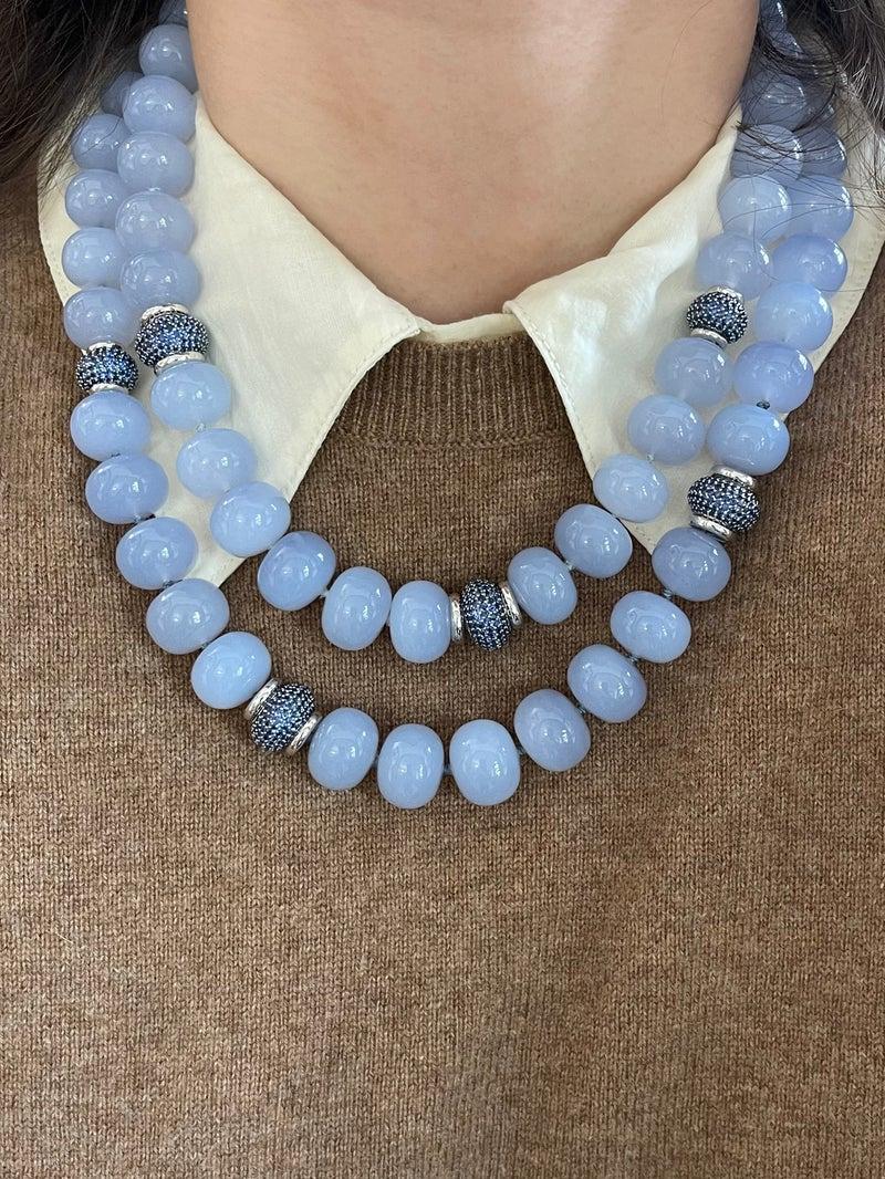 Brand new Seaman Schepps nesting necklaces featuring chalcedony and sapphire. Please inquire to purchase separately. Necklaces are 21.5