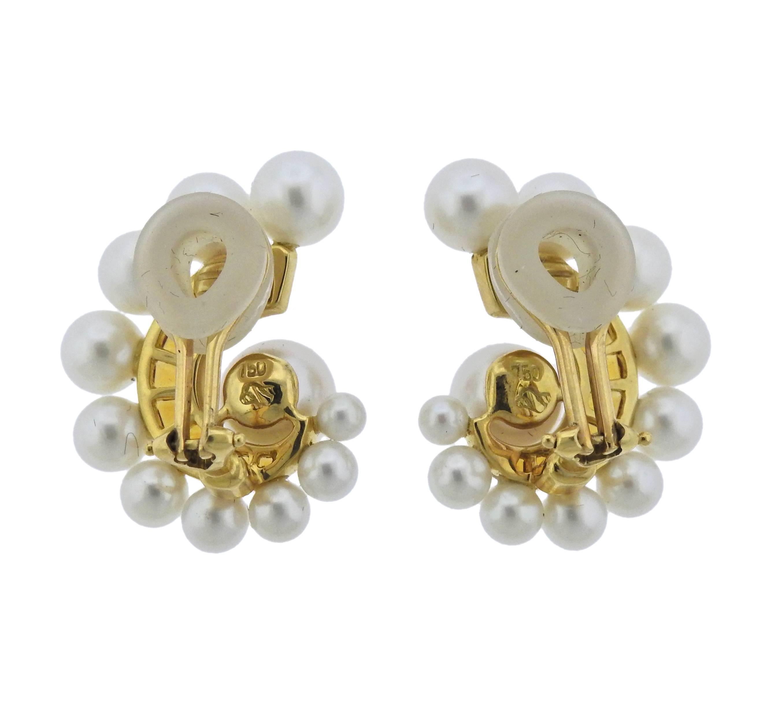 18k yellow gold swirl earrings, crafted by Seaman Schepps, set with 3mm to 7mm pearls and citrines. Earrings are 25mm x 18mm, weight is 11 grams. Marked 750, Shell mark.