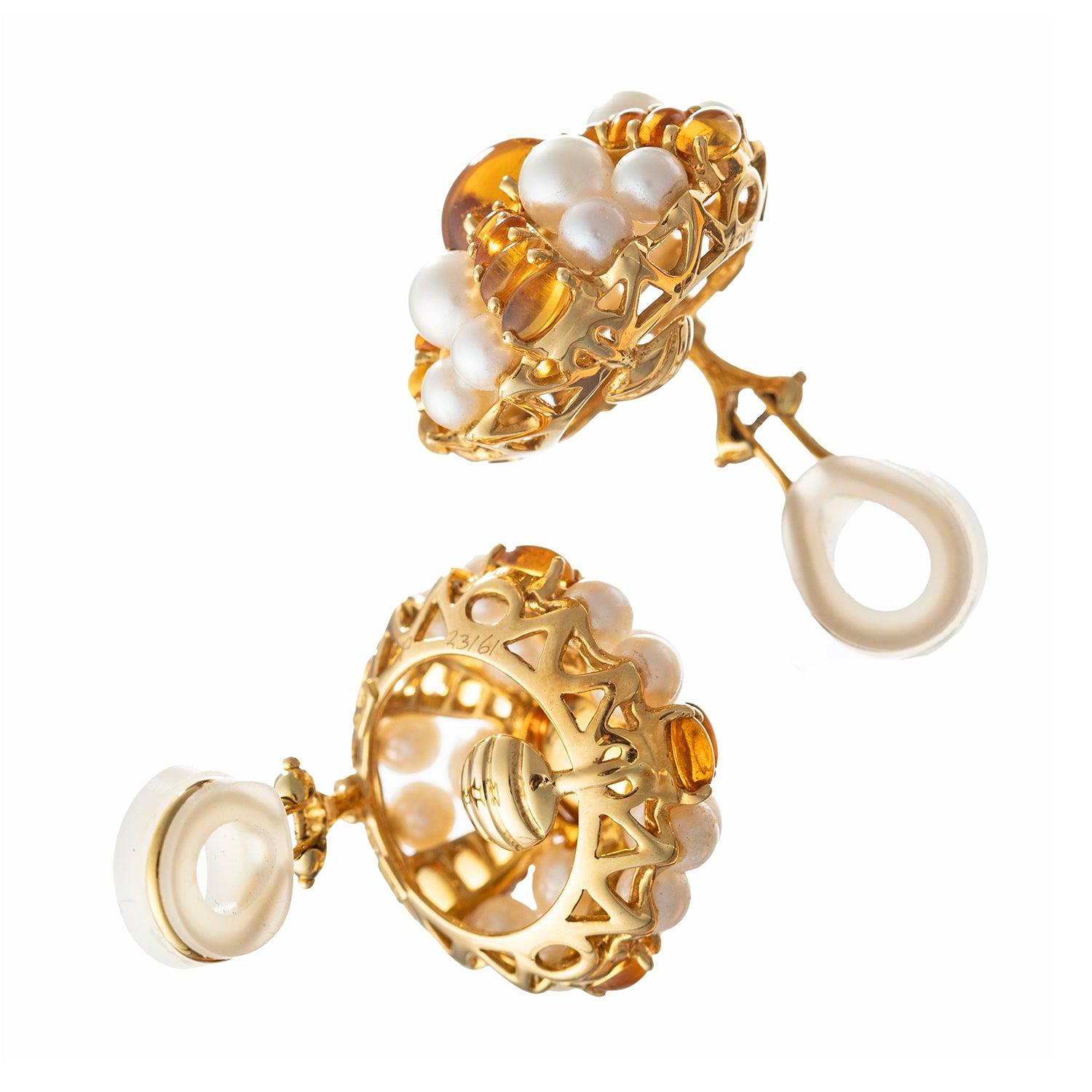 Cabochon Seaman Schepps Citrine Pearl Sea Urchin Domed Earrings