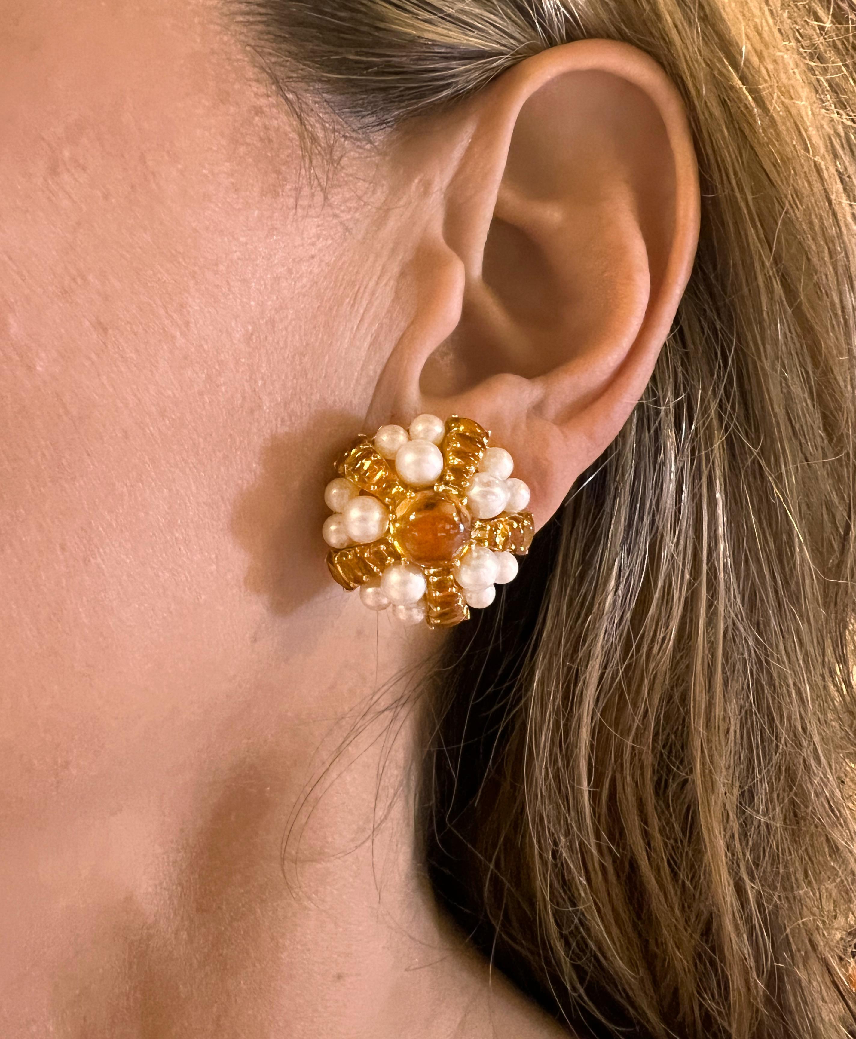Seaman Schepps Citrine Pearl Sea Urchin Domed Earrings In Excellent Condition For Sale In Palm Beach, FL