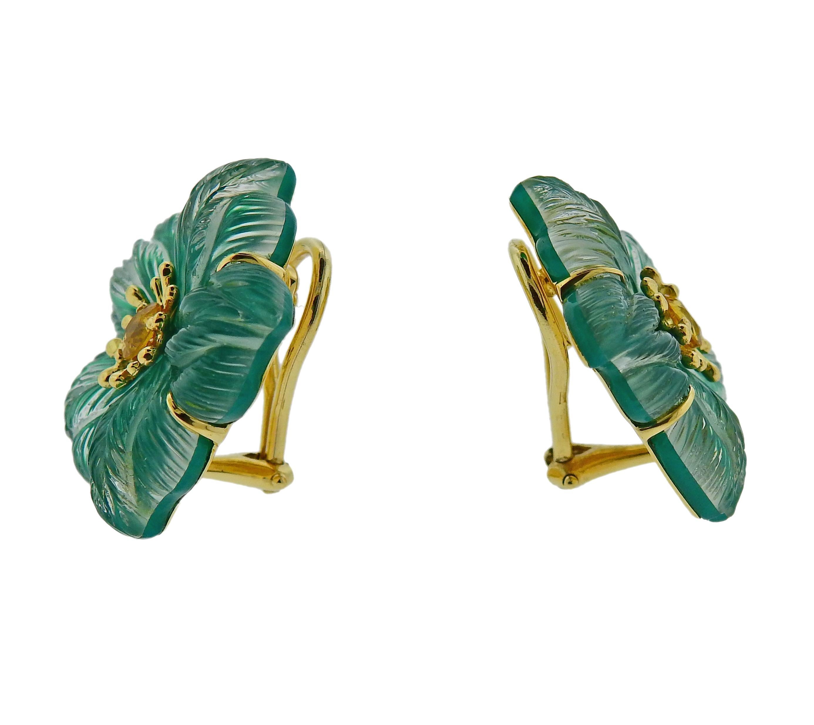 Pair of 18k gold Clematis flower earrings, designed by Seaman Schepps, set with citrine in the center, carved crystal petals, backed with chrysoprase. Retail $6070. Earrings are 25mm x 25mm, weigh 15.3 grams. Marked: Seaman Schepps, Shell mark, 750,